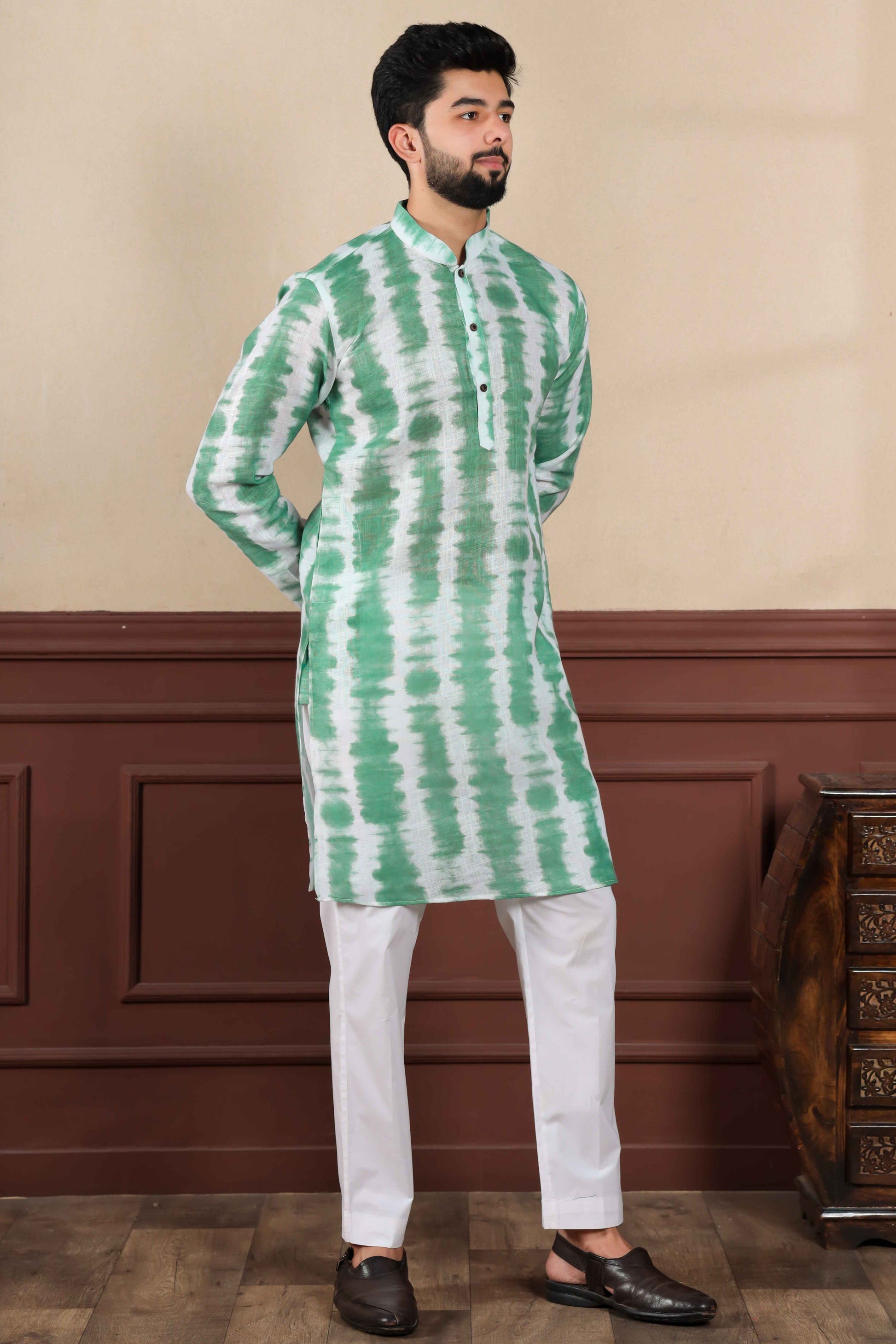 Green Printed Linen Kurta Pajama-MW67_4_SareeButa.com