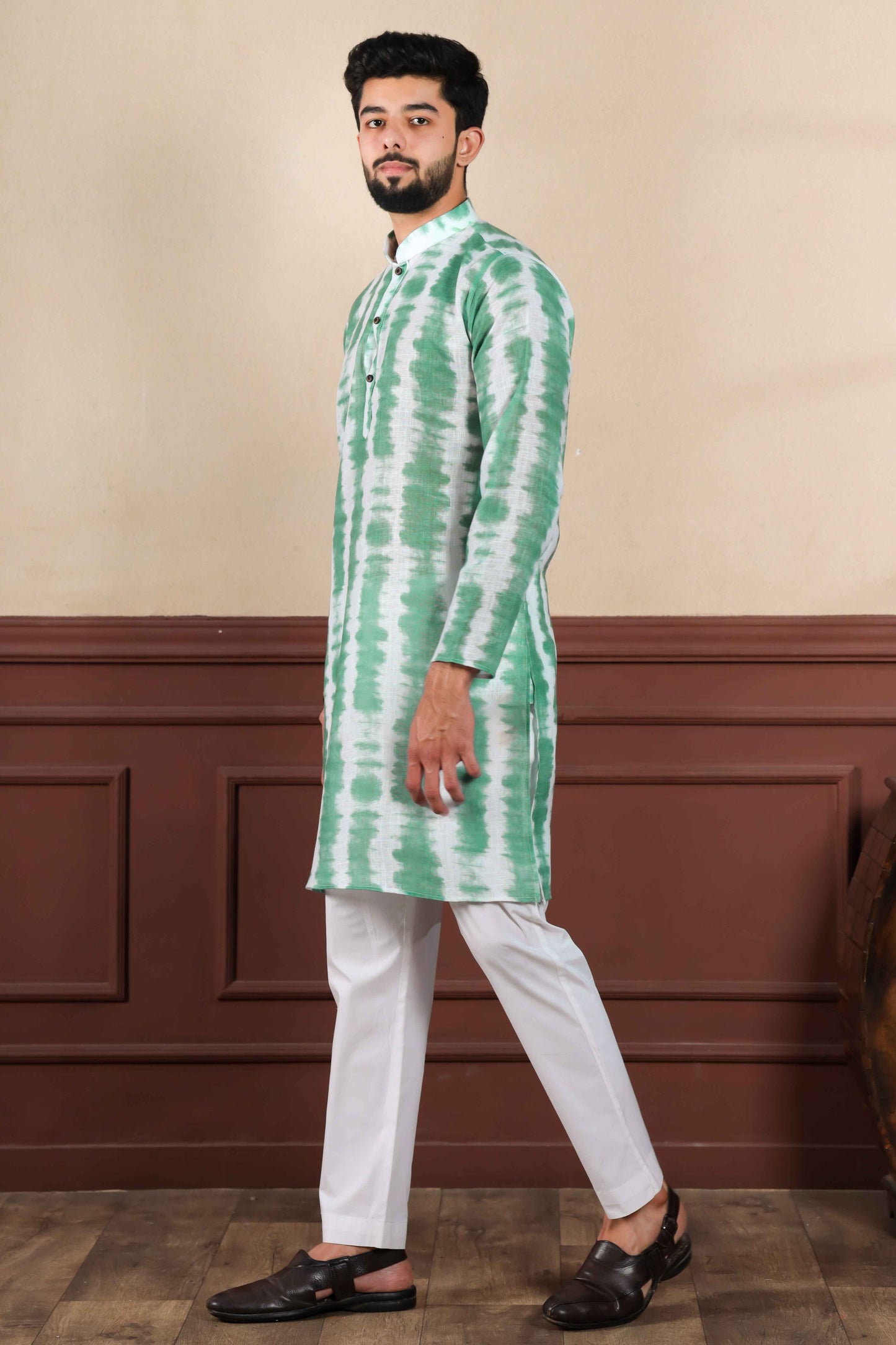 Green Printed Linen Kurta Pajama-MW67_5_SareeButa.com