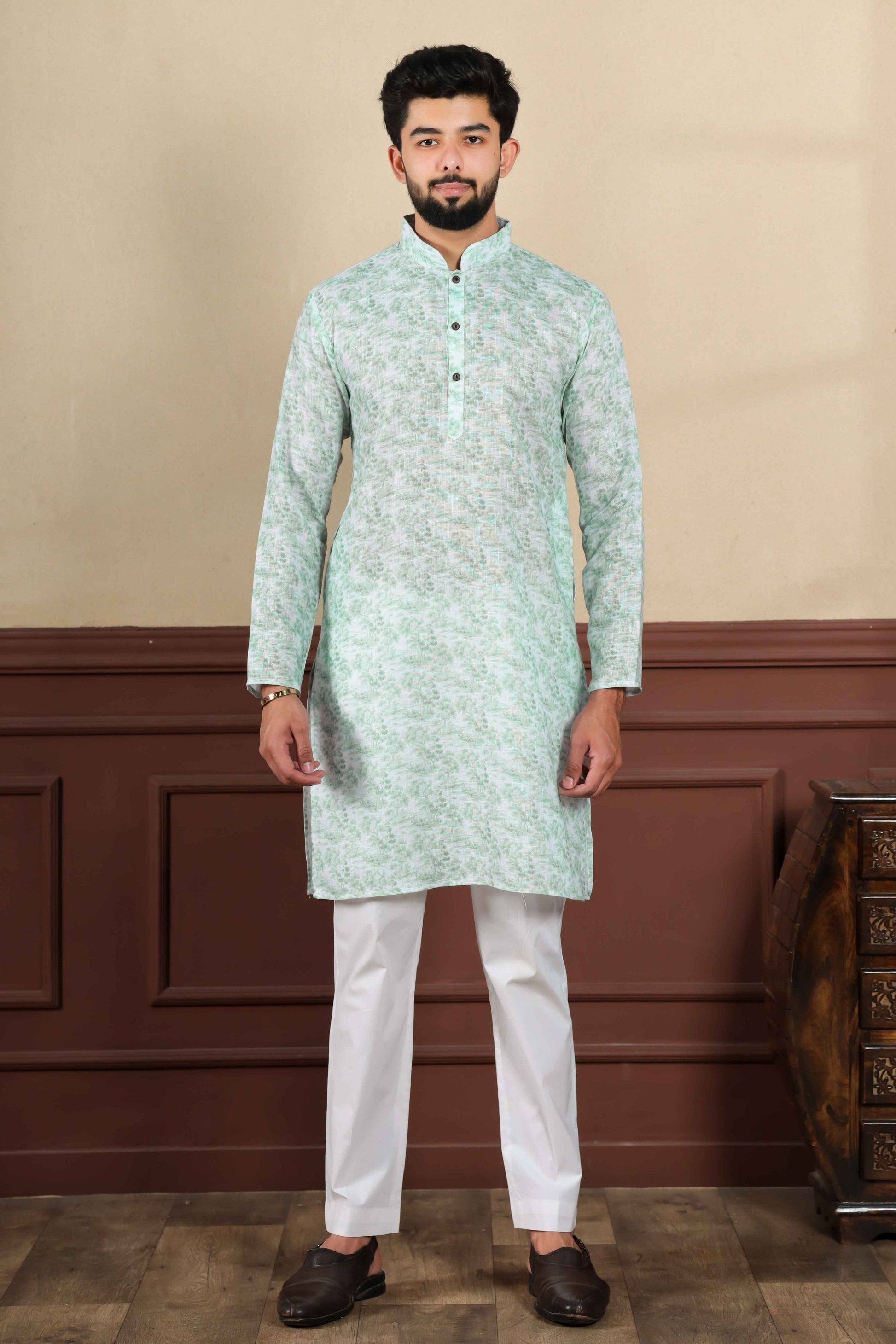 Green Printed Linen Kurta Pajama-MW68_1_SareeButa.com