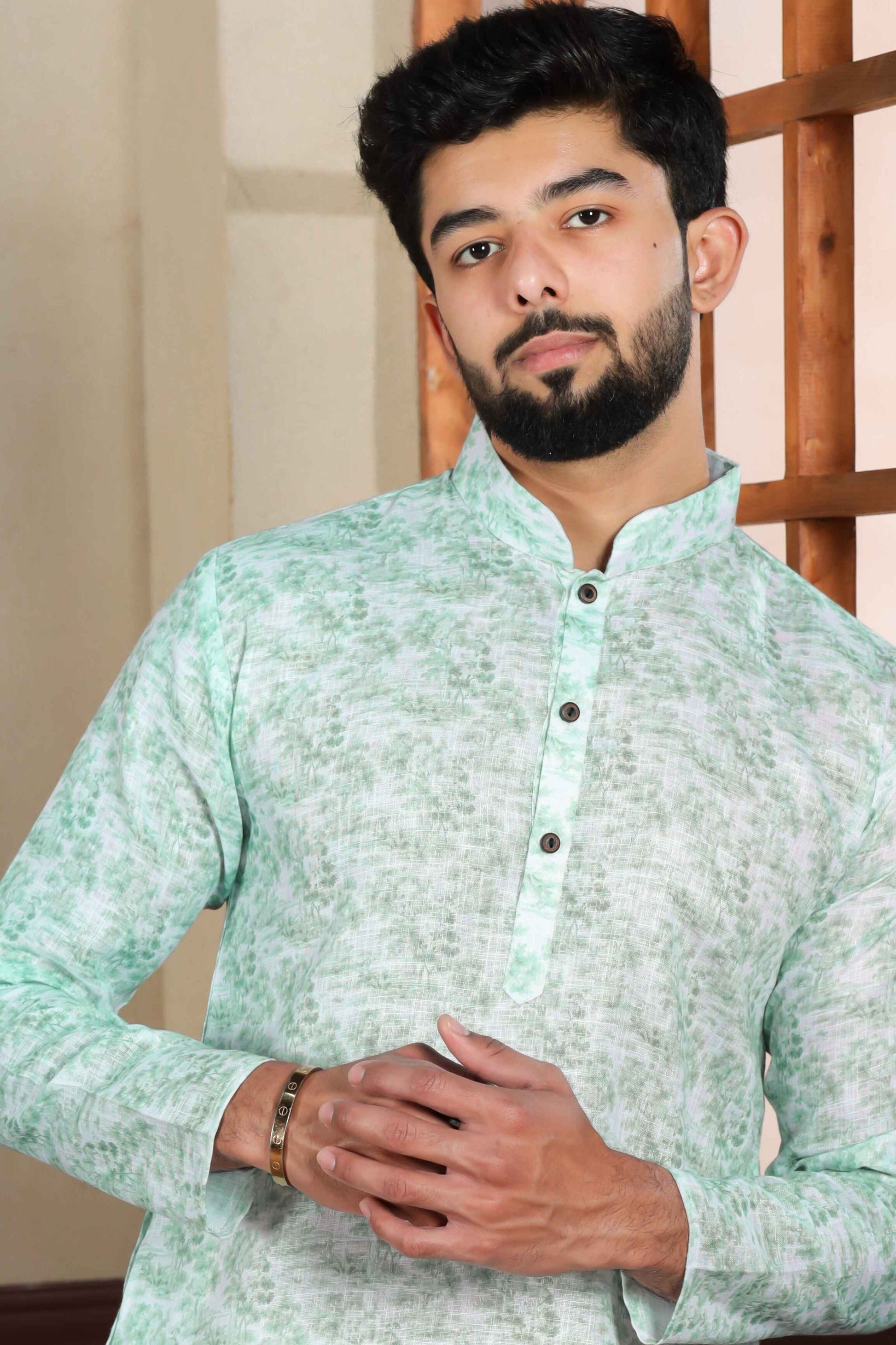 Green Printed Linen Kurta Pajama-MW68_2_SareeButa.com