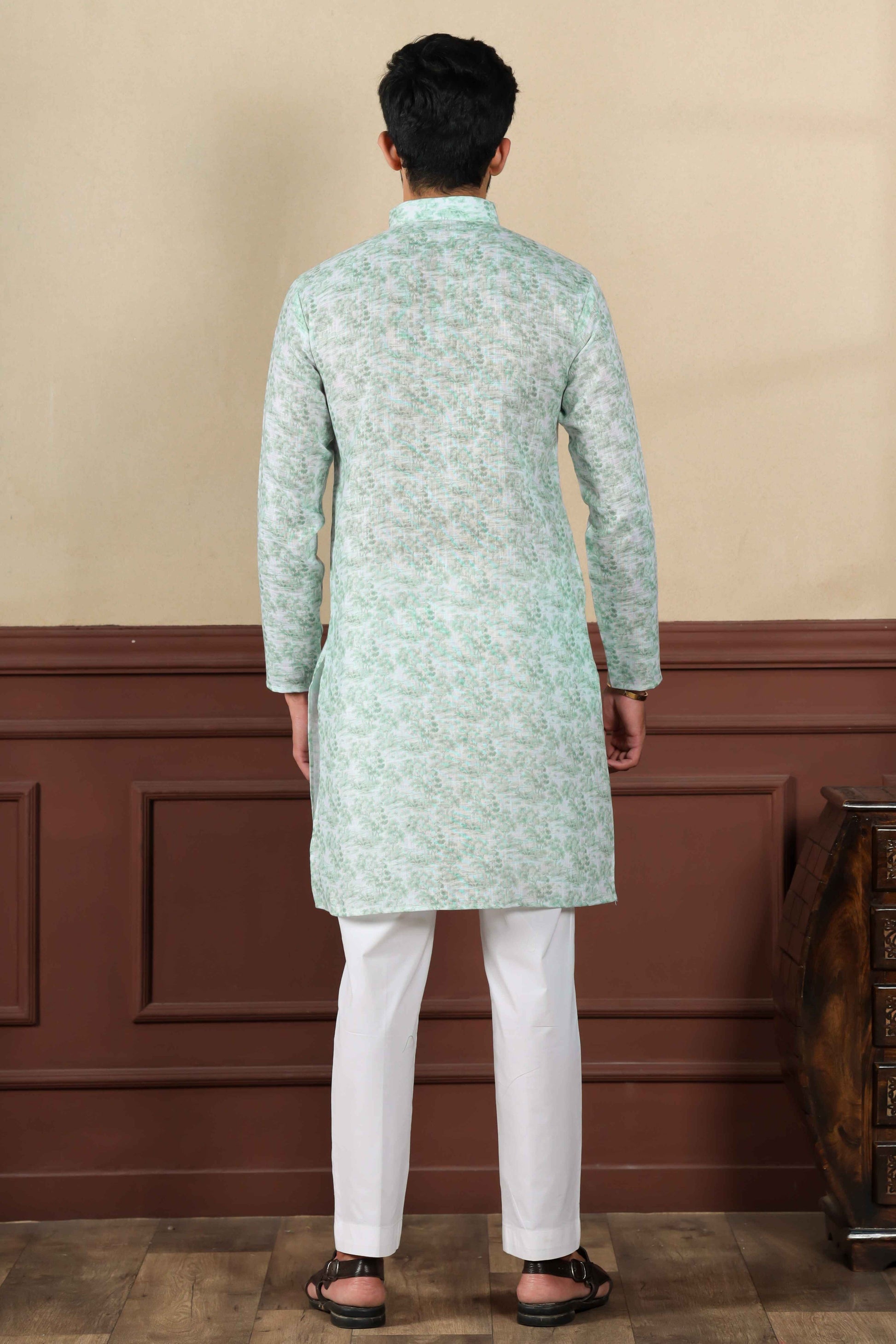 Green Printed Linen Kurta Pajama-MW68_3_SareeButa.com
