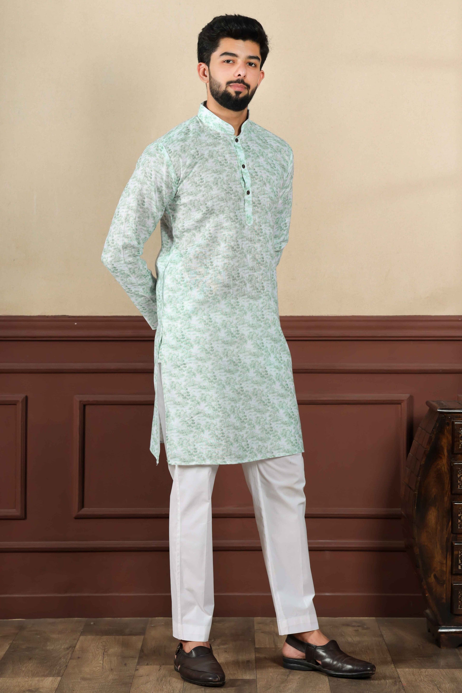 Green Printed Linen Kurta Pajama-MW68_4_SareeButa.com