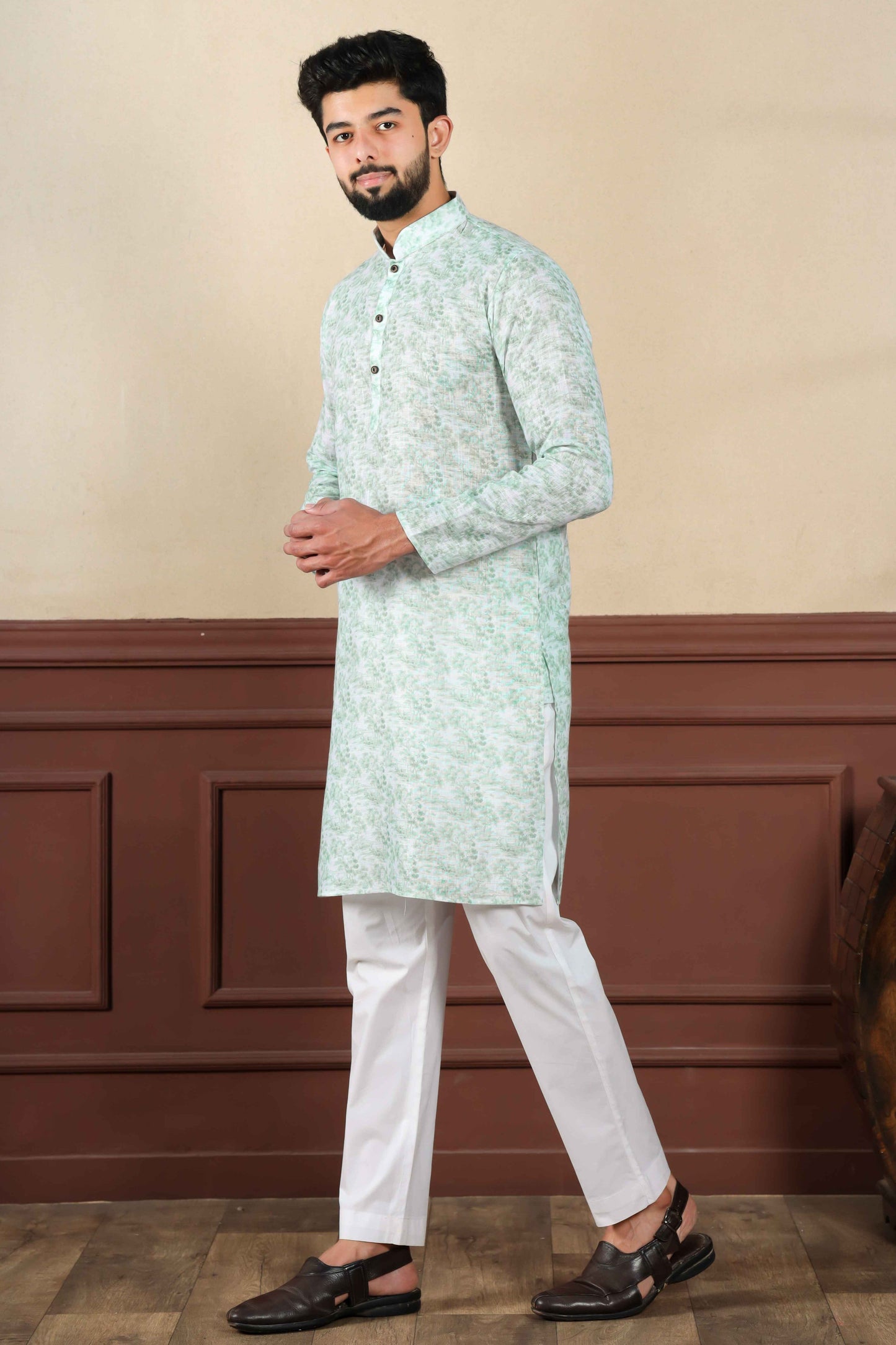 Green Printed Linen Kurta Pajama-MW68_5_SareeButa.com