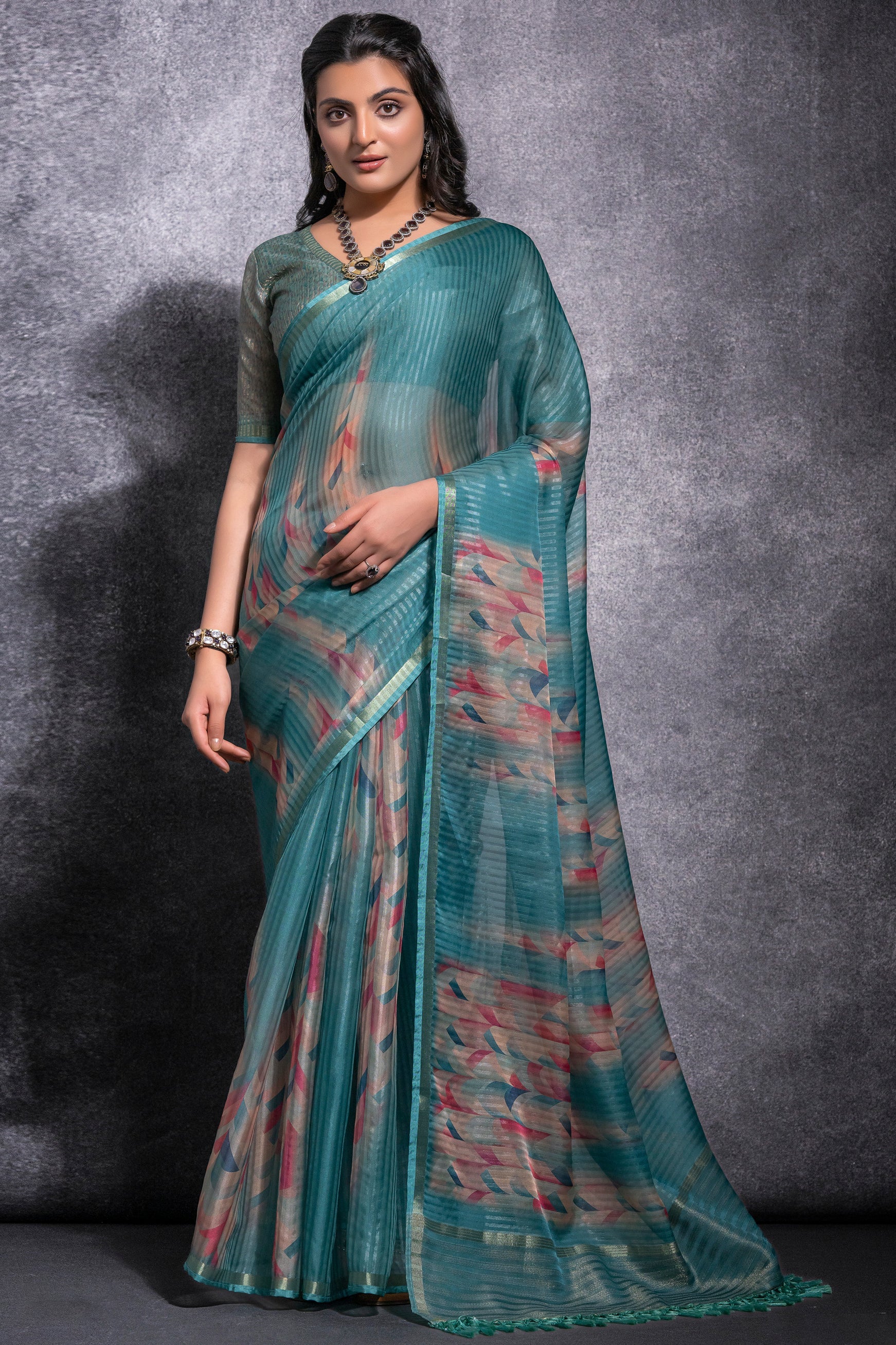 green-printed-linen-silk-saree-zb132509_1_SareeButa.com