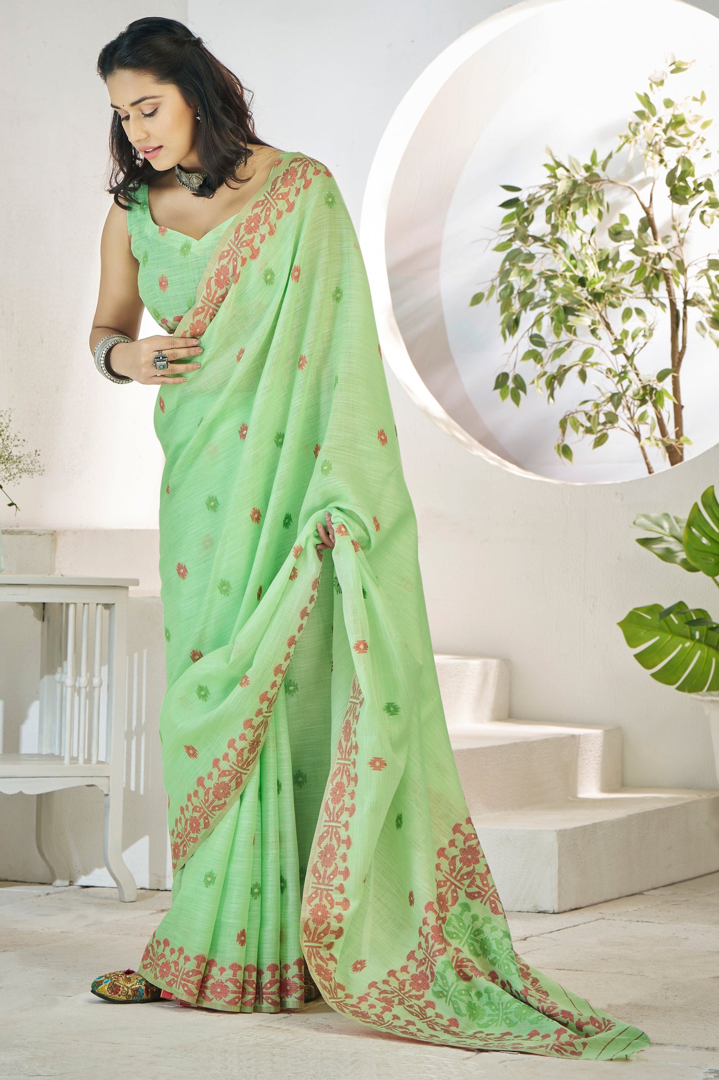 Green Printed Linen Silk Saree-ZB134718_1_SareeButa.com