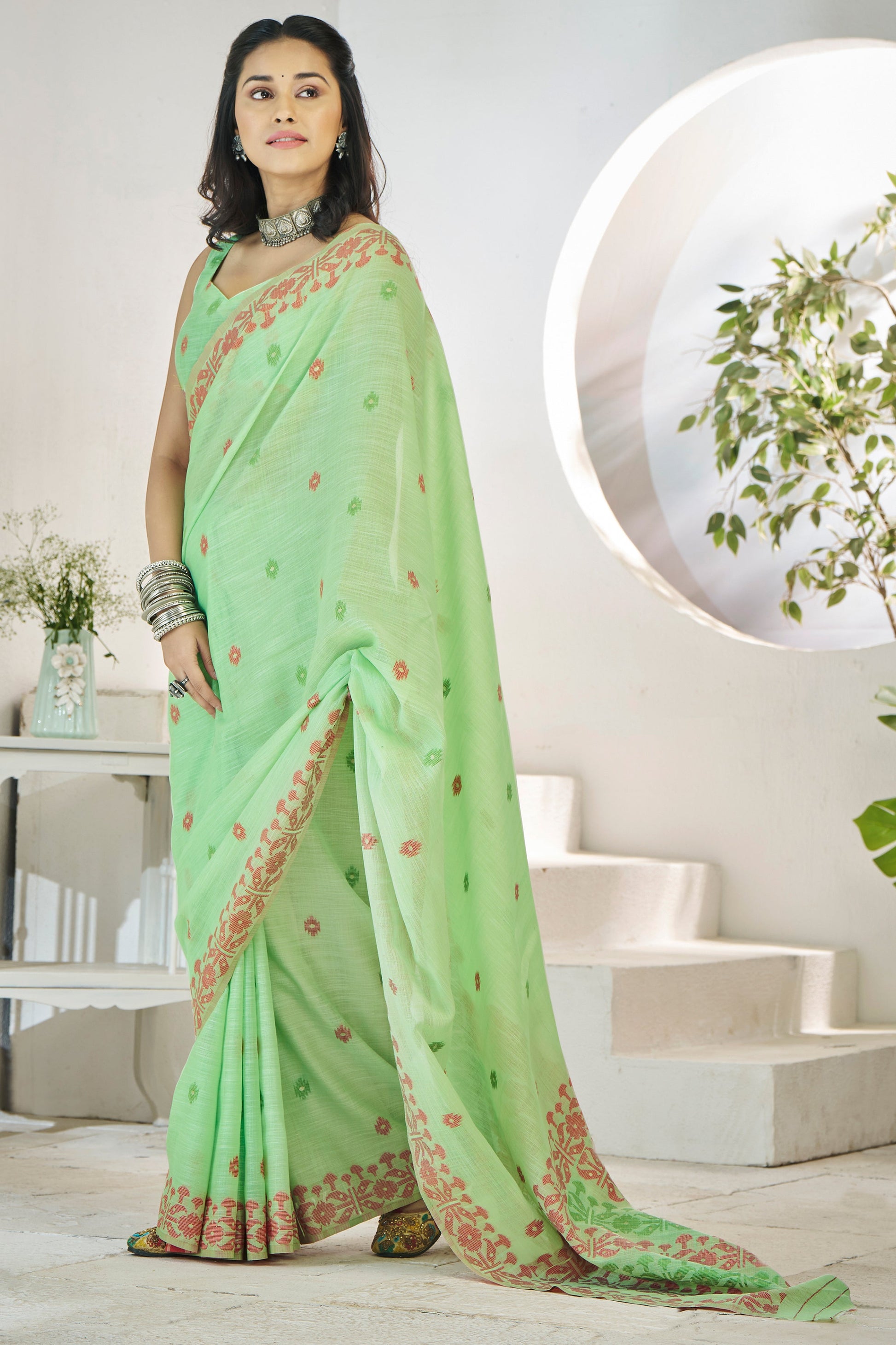 Green Printed Linen Silk Saree-ZB134718_3_SareeButa.com