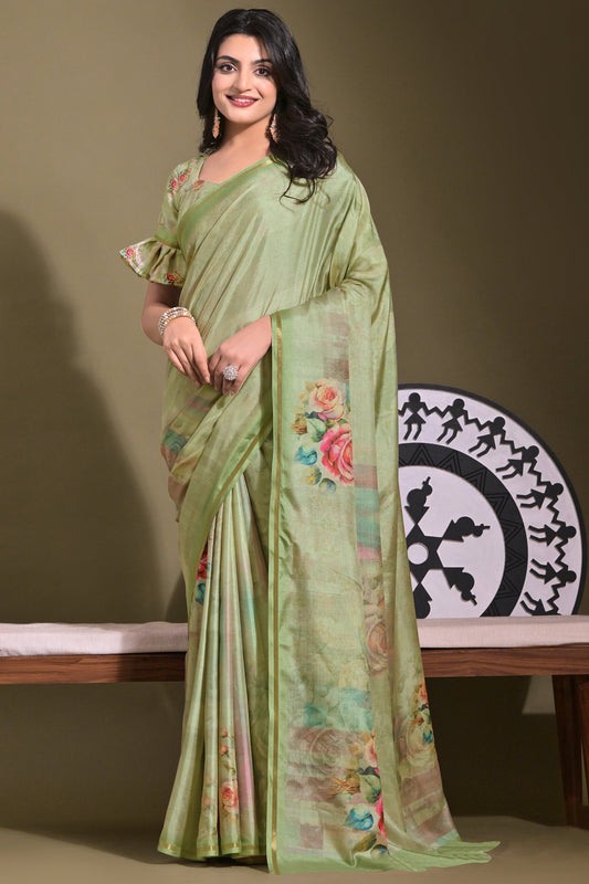 Green Printed Tussar Silk Saree-ZB132706_1