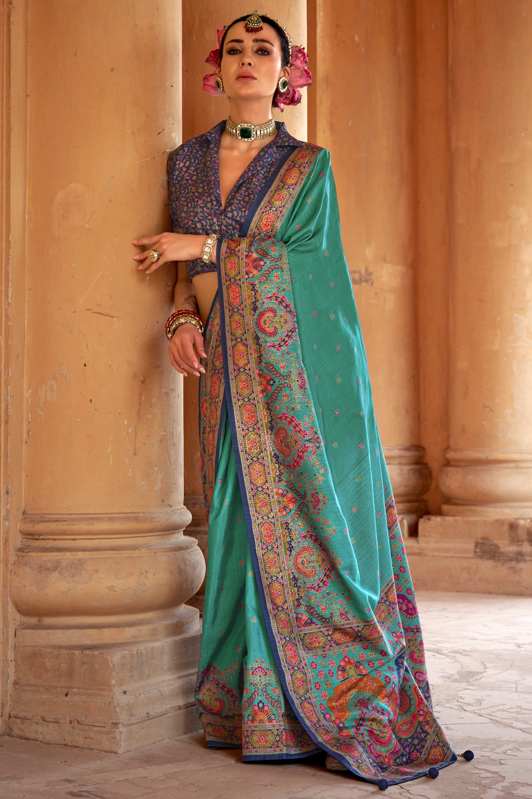 Green Printed Viscose Silk Saree-SAR10127_1_SareeButa.com