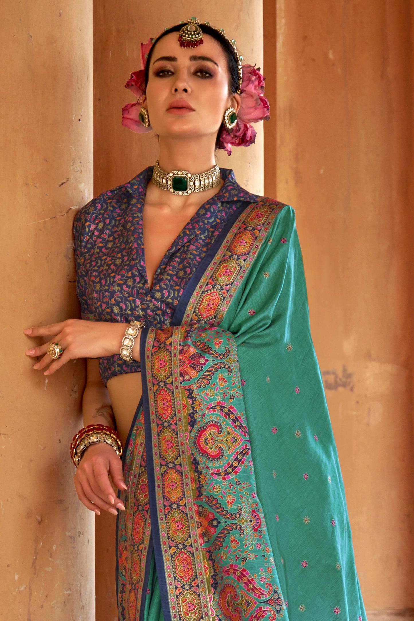 Green Printed Viscose Silk Saree-SAR10127_3_SareeButa.com