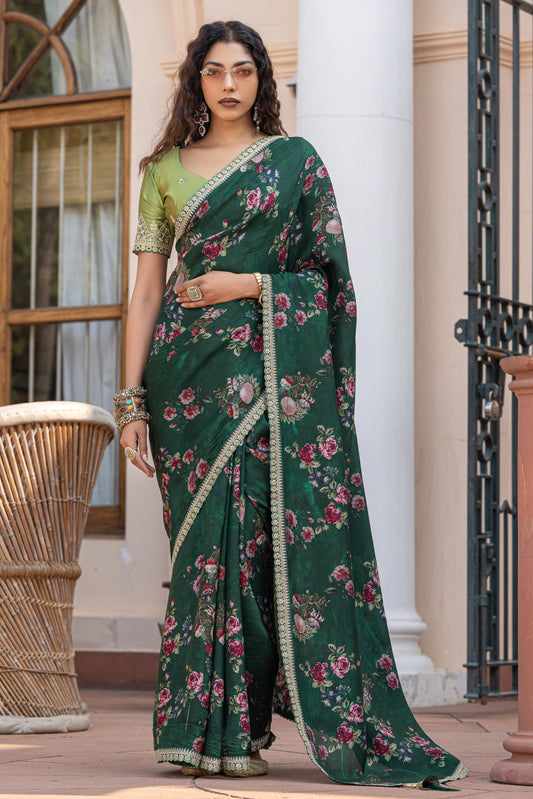 Green Printed Viscose Silk Saree with Lace Border-ZB134627_1_SareeButa.com