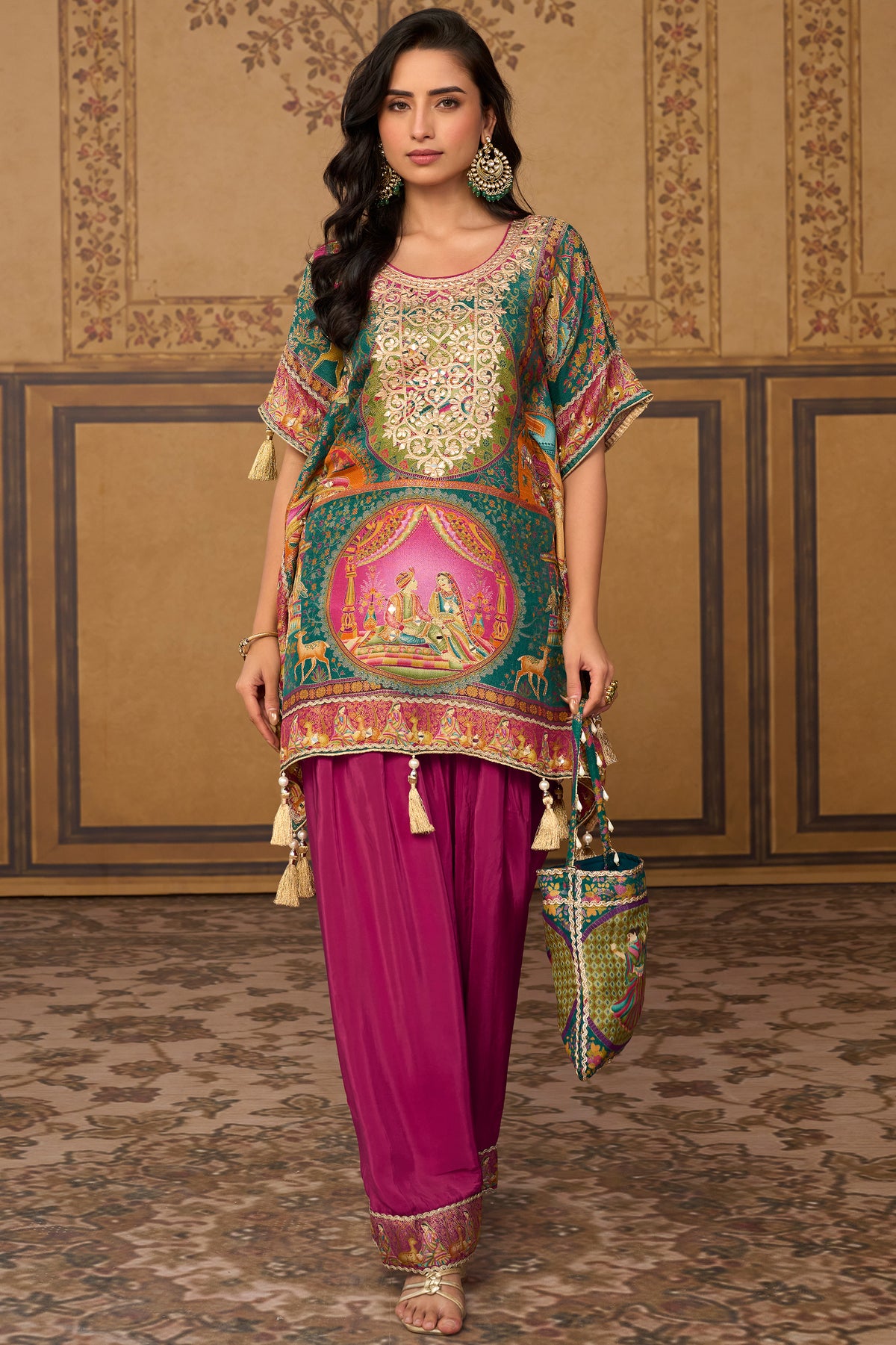 Green & Rani Pink Mirror Work Viscose Silk Kaftan-SAR13570_1_SareeButa.com