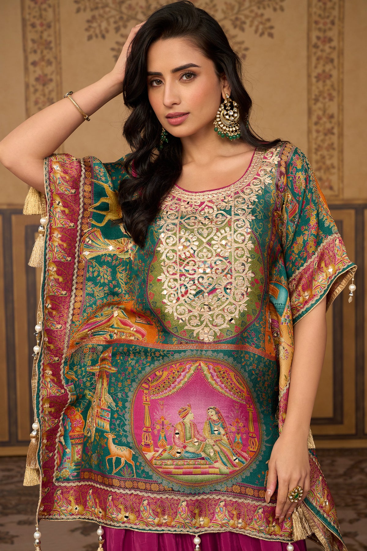 Green & Rani Pink Mirror Work Viscose Silk Kaftan-SAR13570_2_SareeButa.com