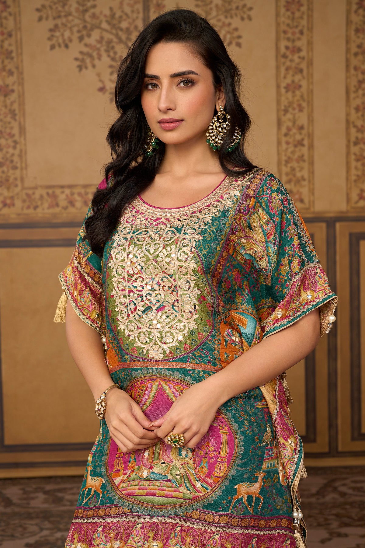 Green & Rani Pink Mirror Work Viscose Silk Kaftan-SAR13570_3_SareeButa.com
