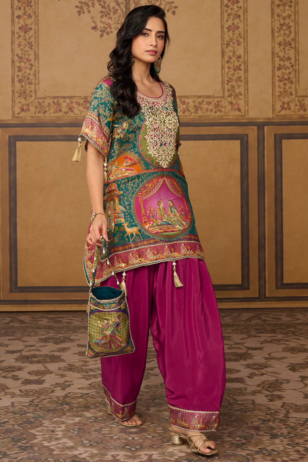Green & Rani Pink Mirror Work Viscose Silk Kaftan-SAR13570_4_SareeButa.com