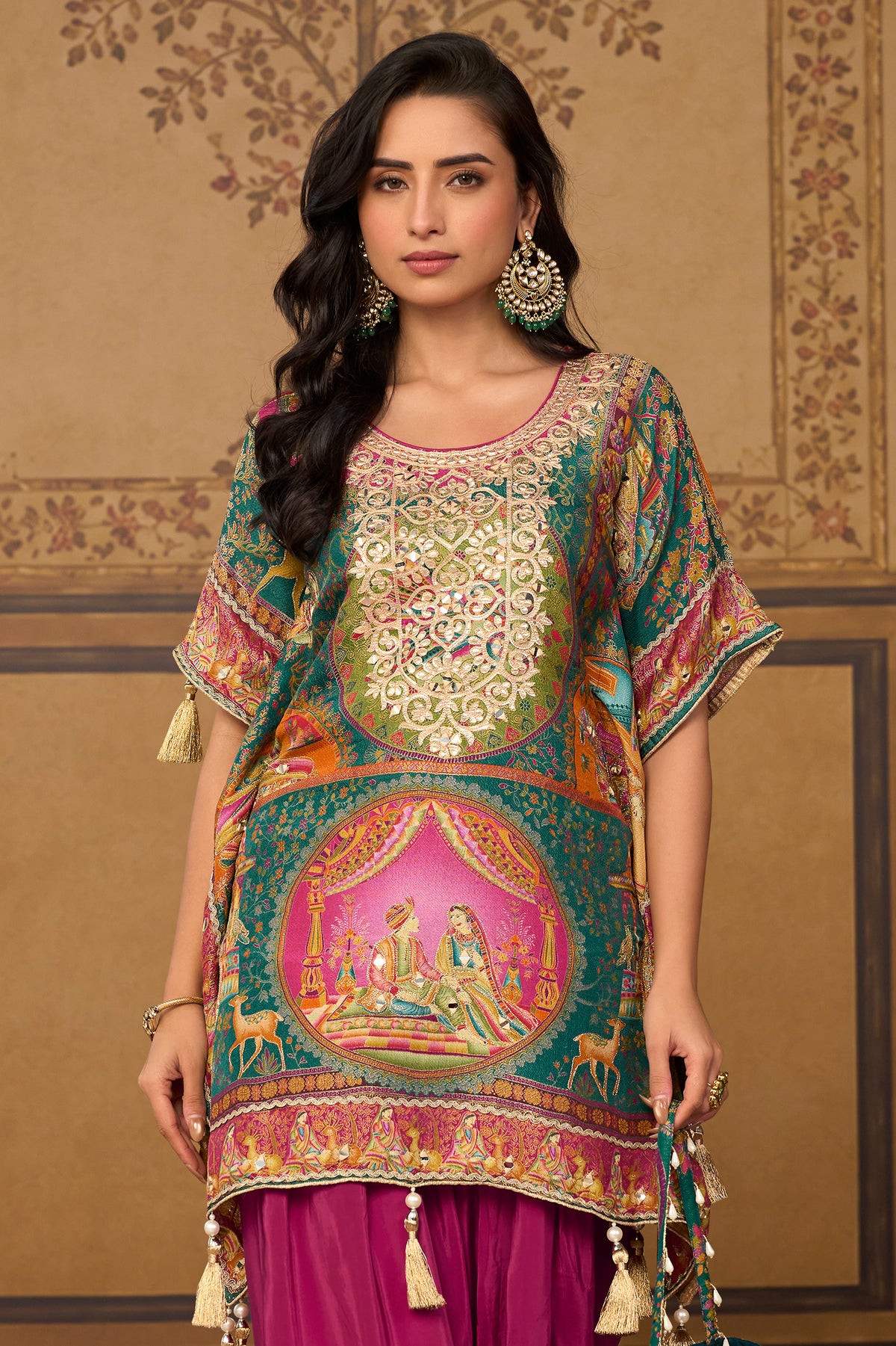 Green & Rani Pink Mirror Work Viscose Silk Kaftan-SAR13570_5_SareeButa.com