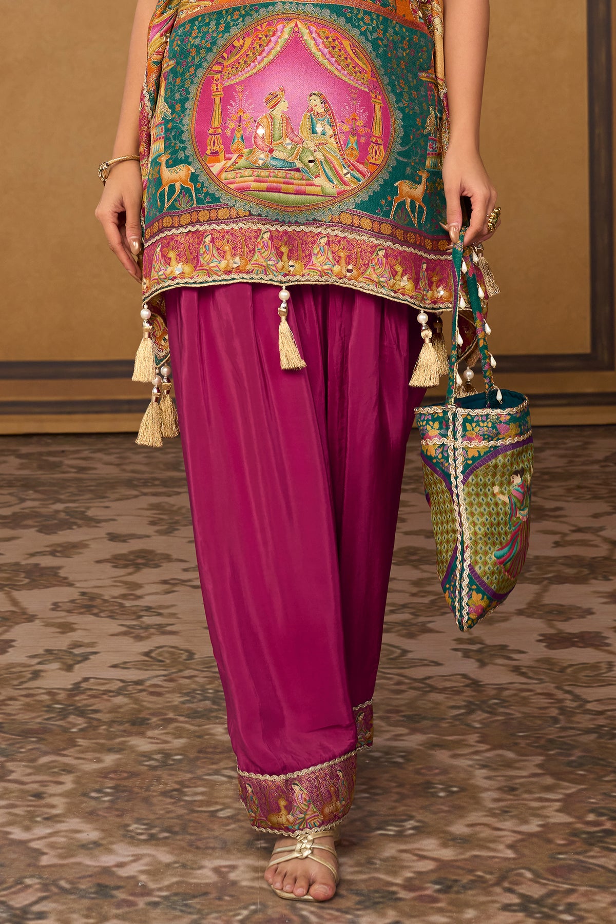Green & Rani Pink Mirror Work Viscose Silk Kaftan-SAR13570_6_SareeButa.com