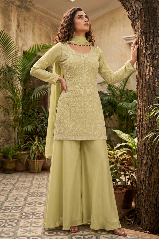 Green Readymade Bead Work Chinon Palazzo Suit-SAR12799_1_SareeButa.com