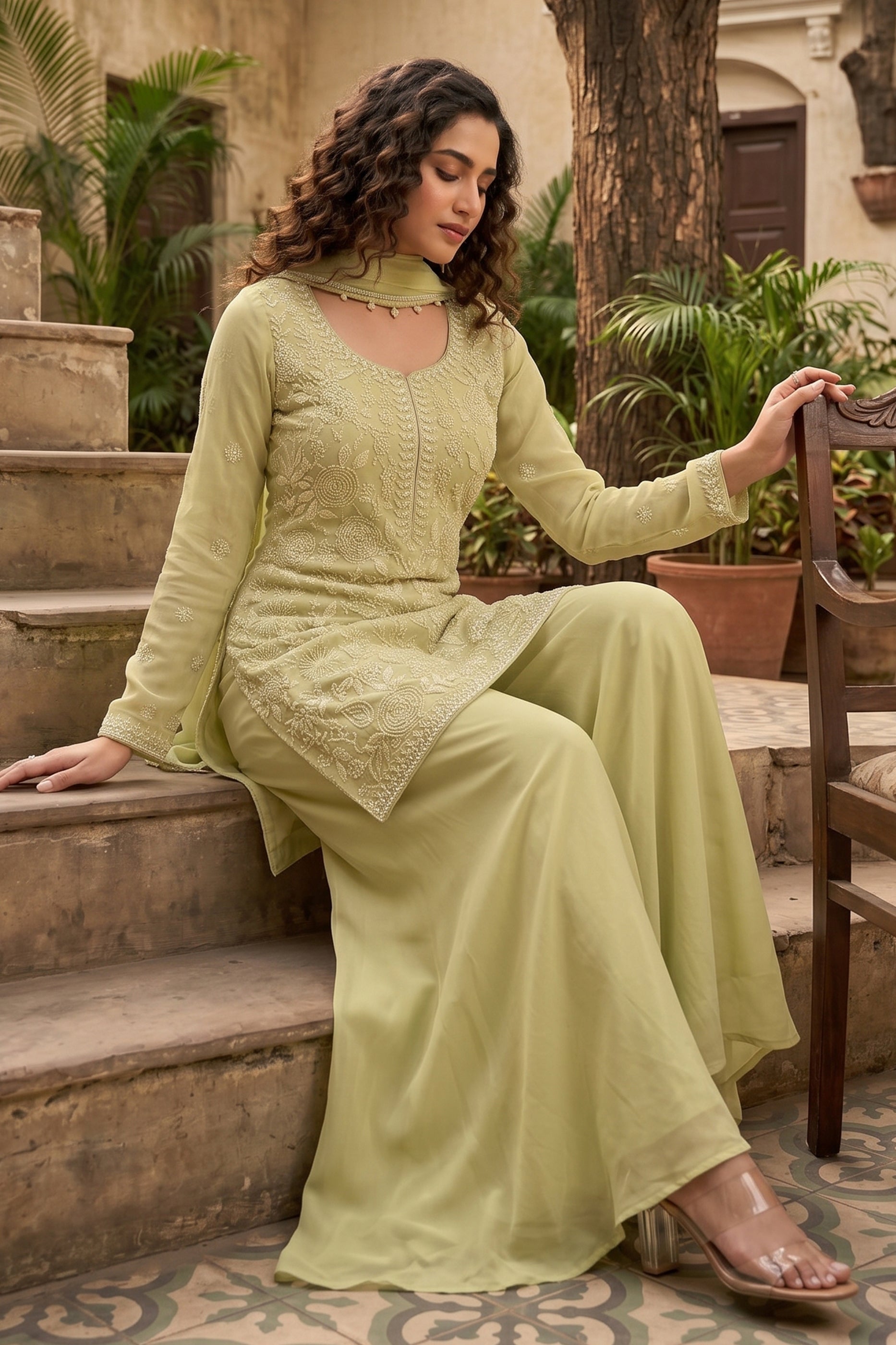Green Readymade Bead Work Chinon Palazzo Suit-SAR12799_2_SareeButa.com