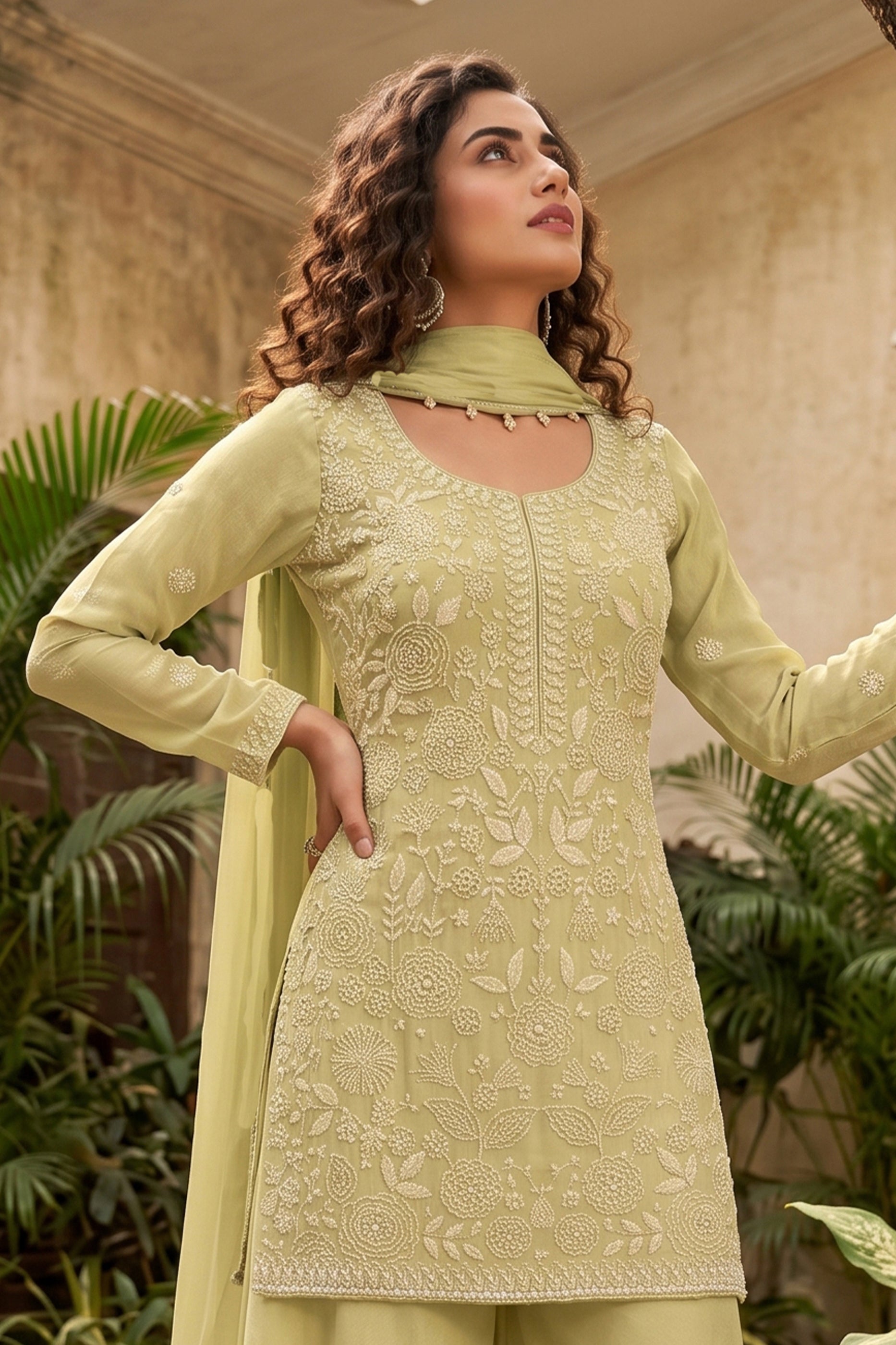 Green Readymade Bead Work Chinon Palazzo Suit-SAR12799_5_SareeButa.com