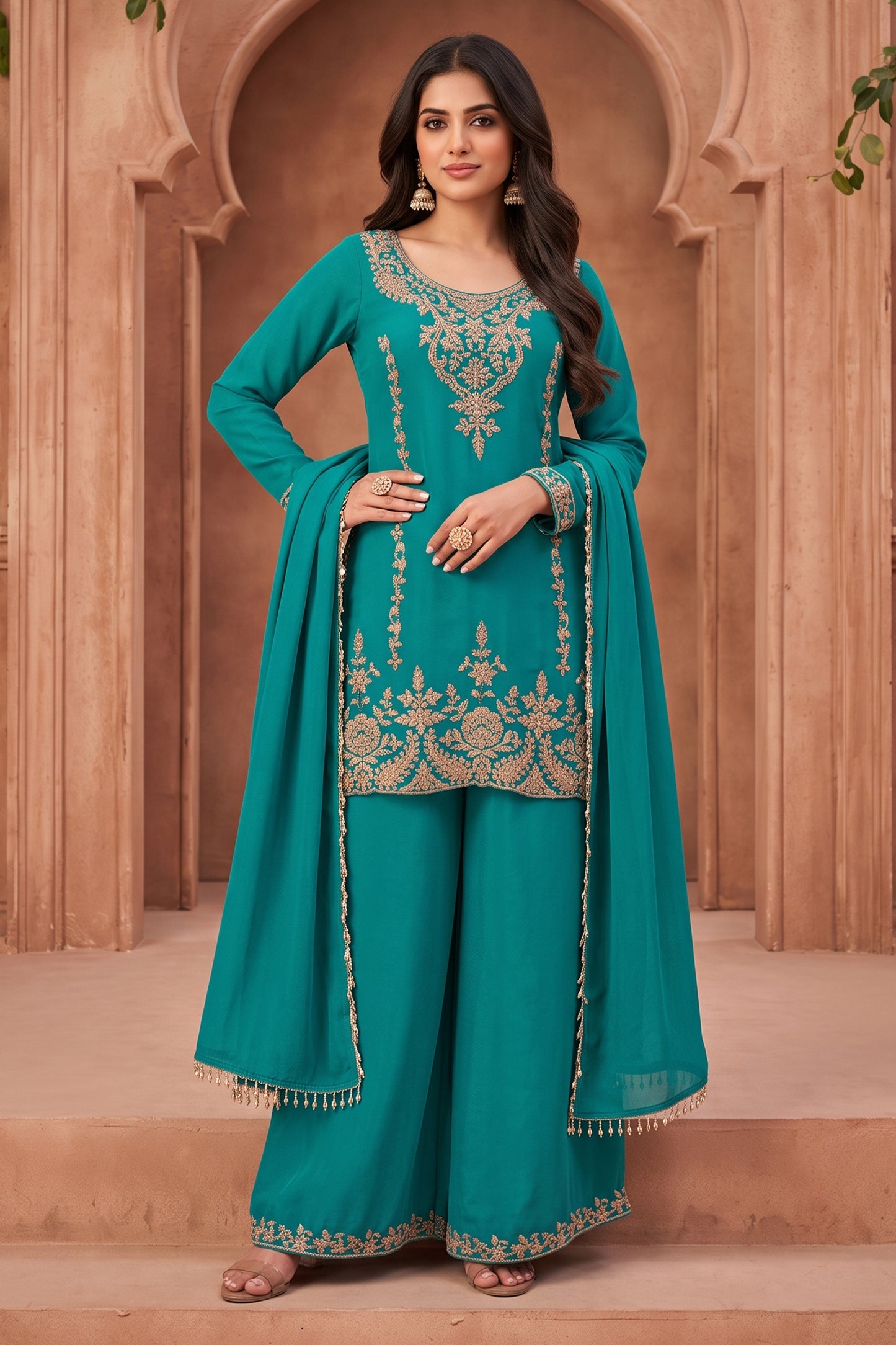 Green Readymade Bead Work Chinon Palazzo Suit-SAR13097_1_SareeButa.com