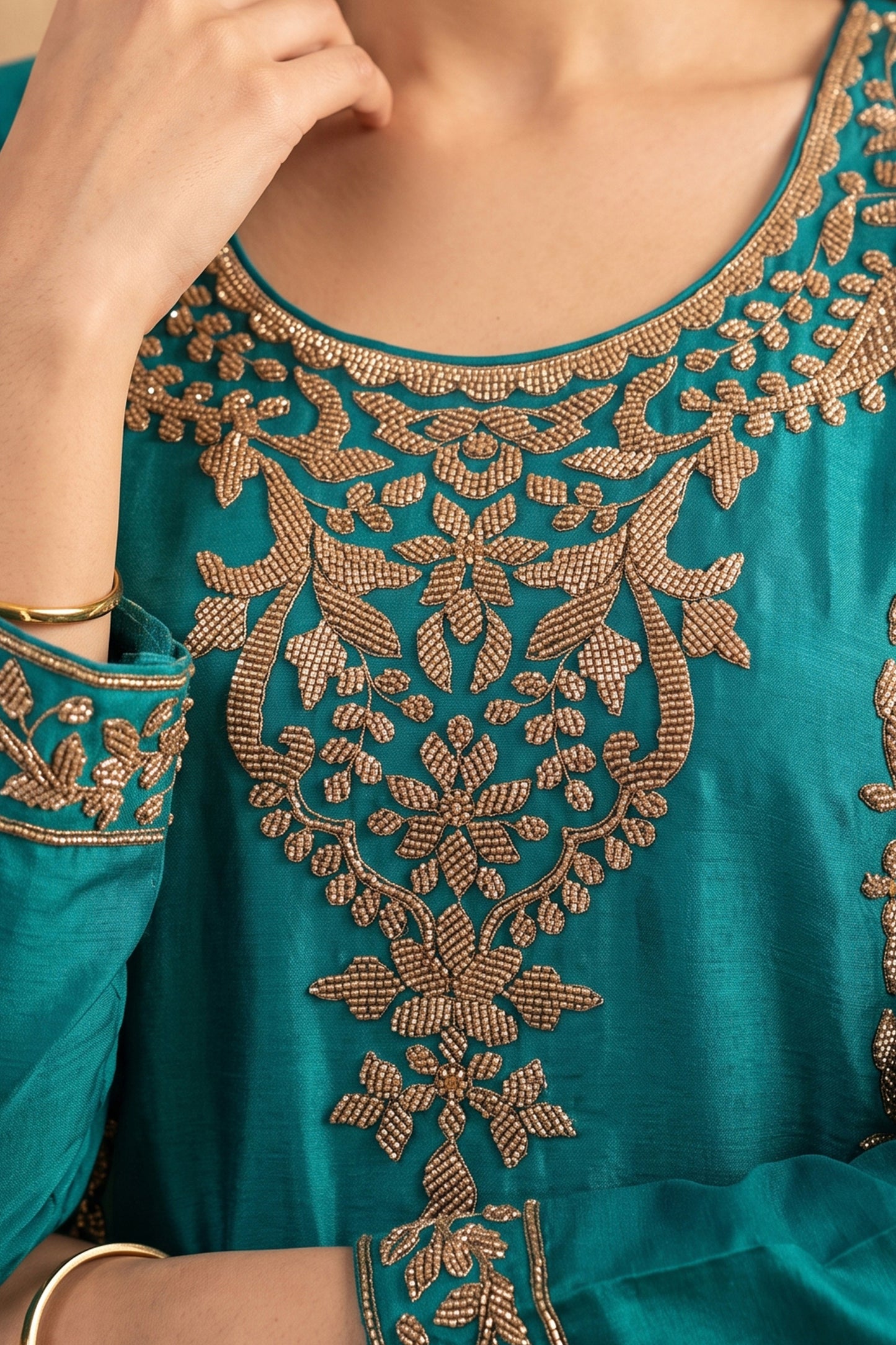 Green Readymade Bead Work Chinon Palazzo Suit-SAR13097_2_SareeButa.com