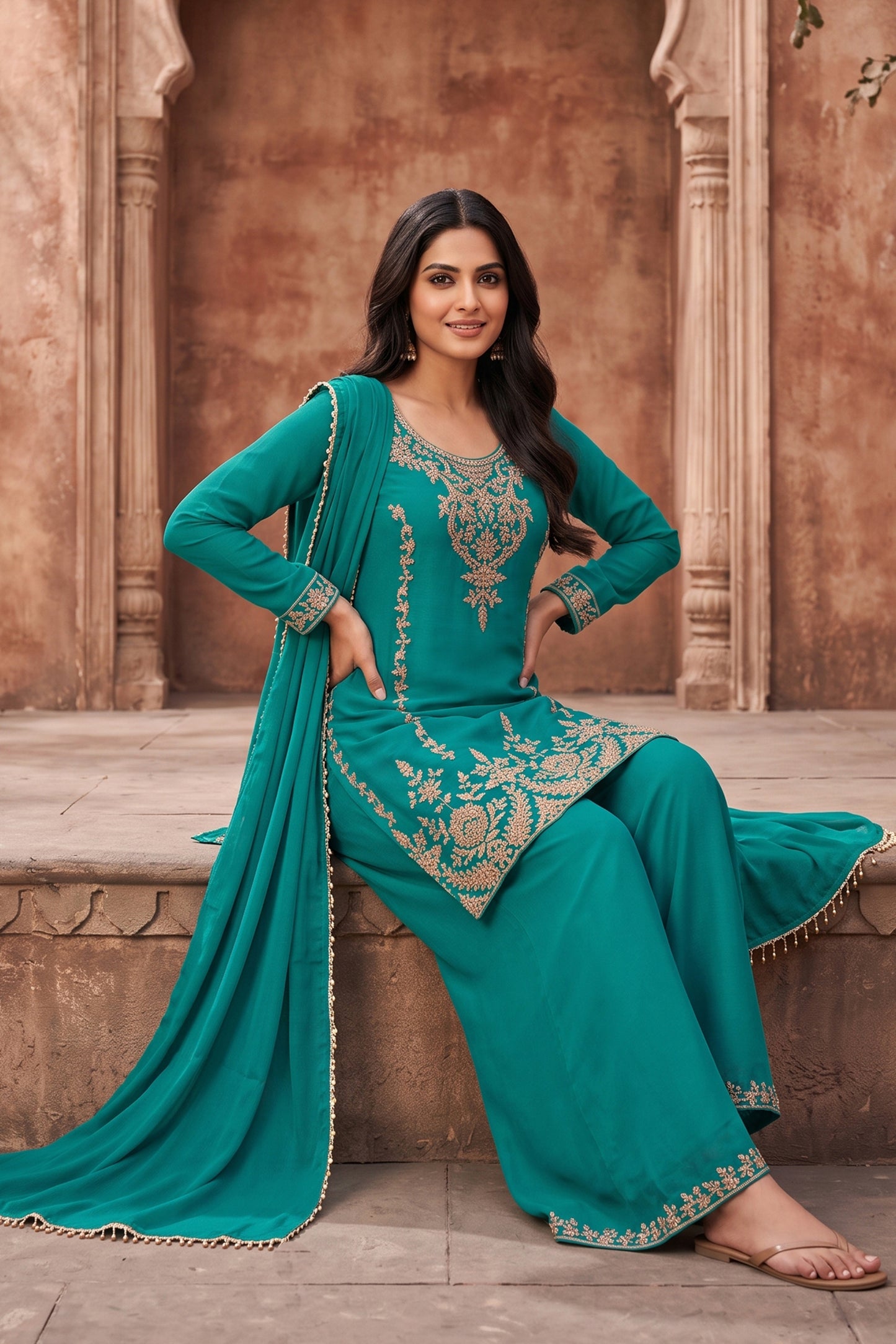 Green Readymade Bead Work Chinon Palazzo Suit-SAR13097_4_SareeButa.com