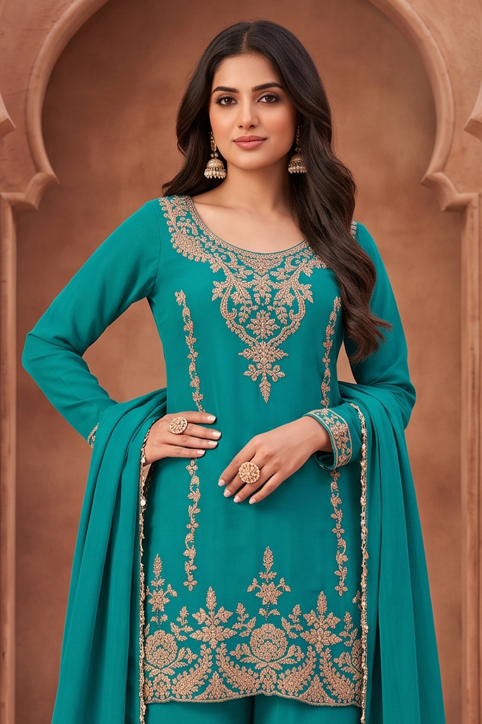 Green Readymade Bead Work Chinon Palazzo Suit-SAR13097_5_SareeButa.com