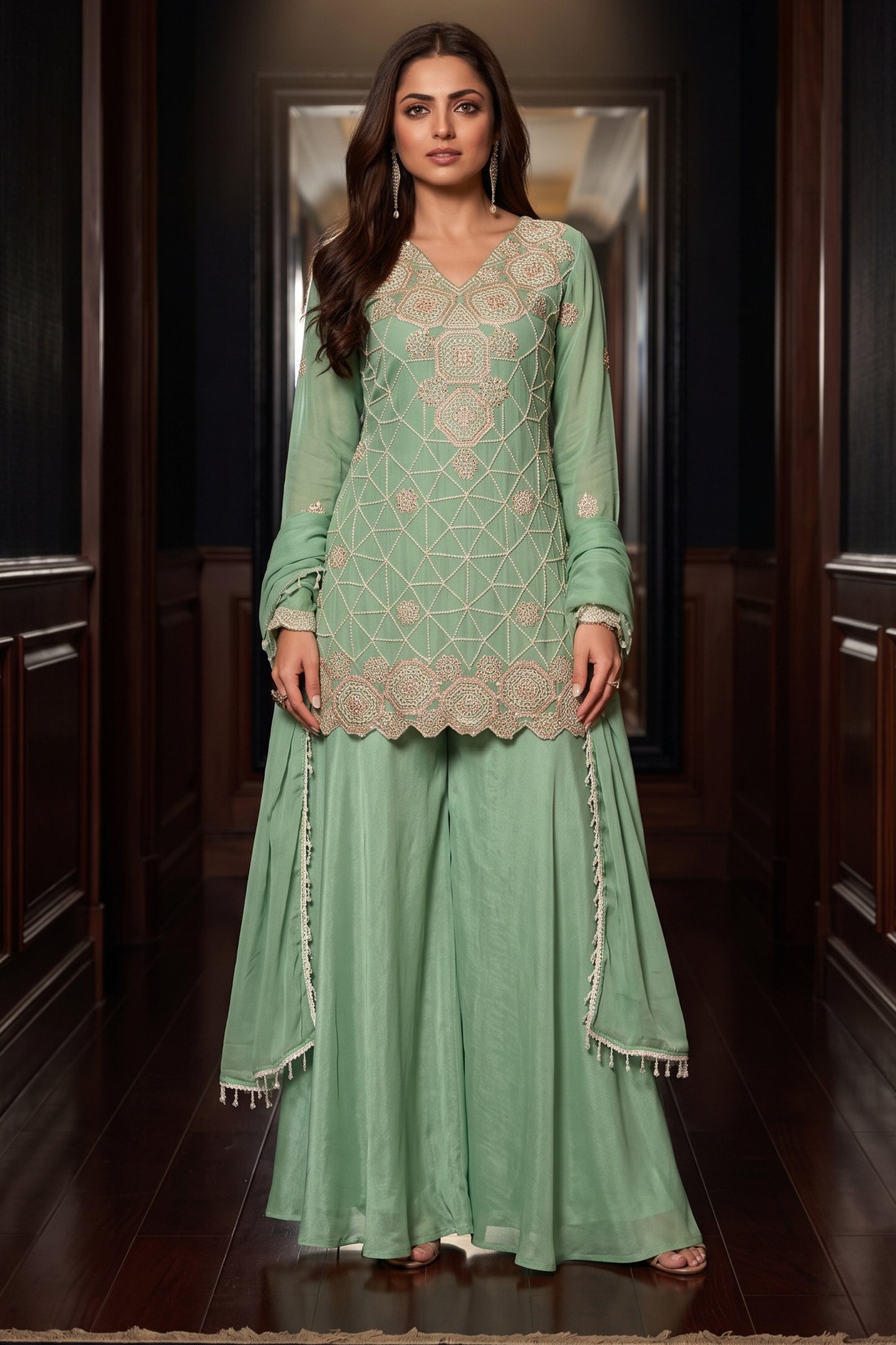 Green Readymade Bead Work Chinon Suit-SAR12984_1_SareeButa.com