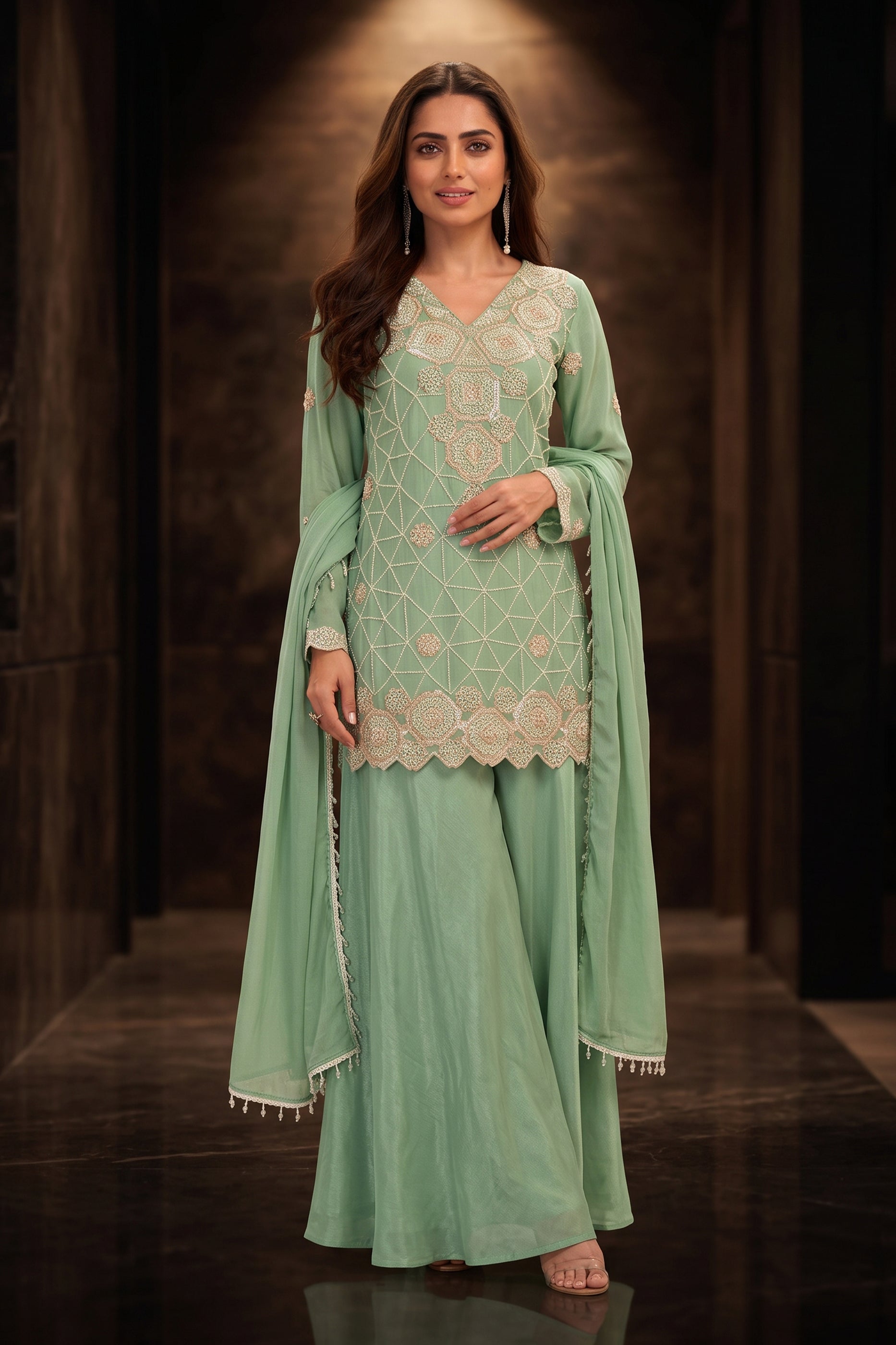 Green Readymade Bead Work Chinon Suit-SAR12984_2_SareeButa.com