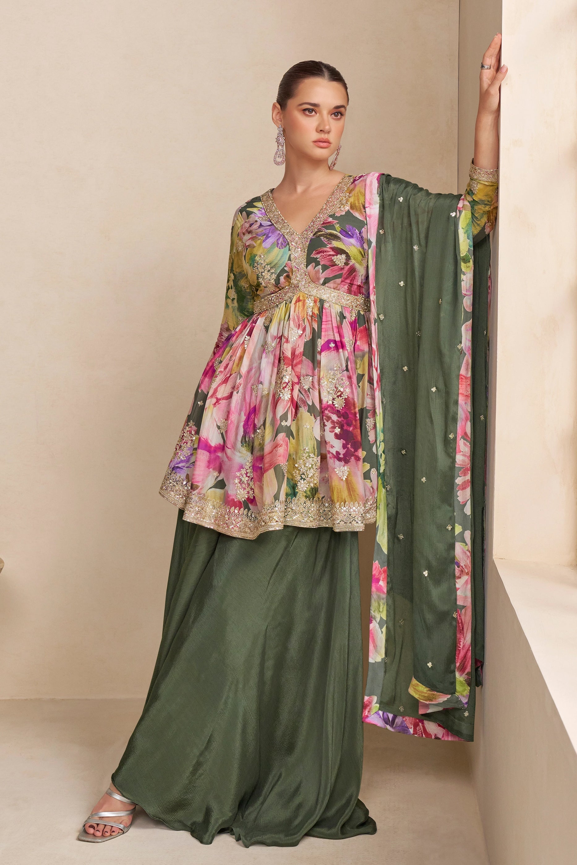 Green Readymade Chinon A-line Suit-SAR10641_1_SareeButa.com