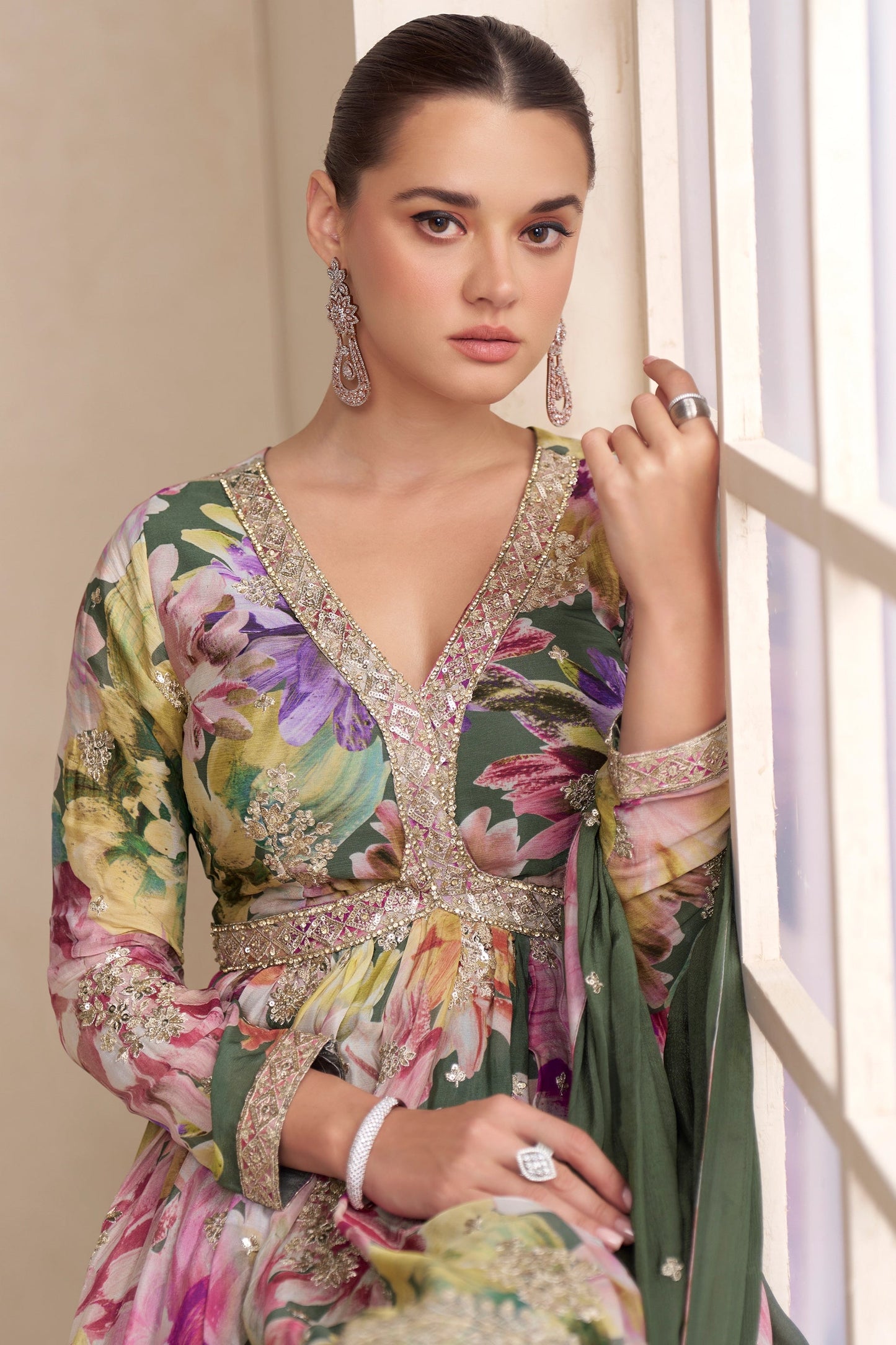 Green Readymade Chinon A-line Suit-SAR10641_2_SareeButa.com