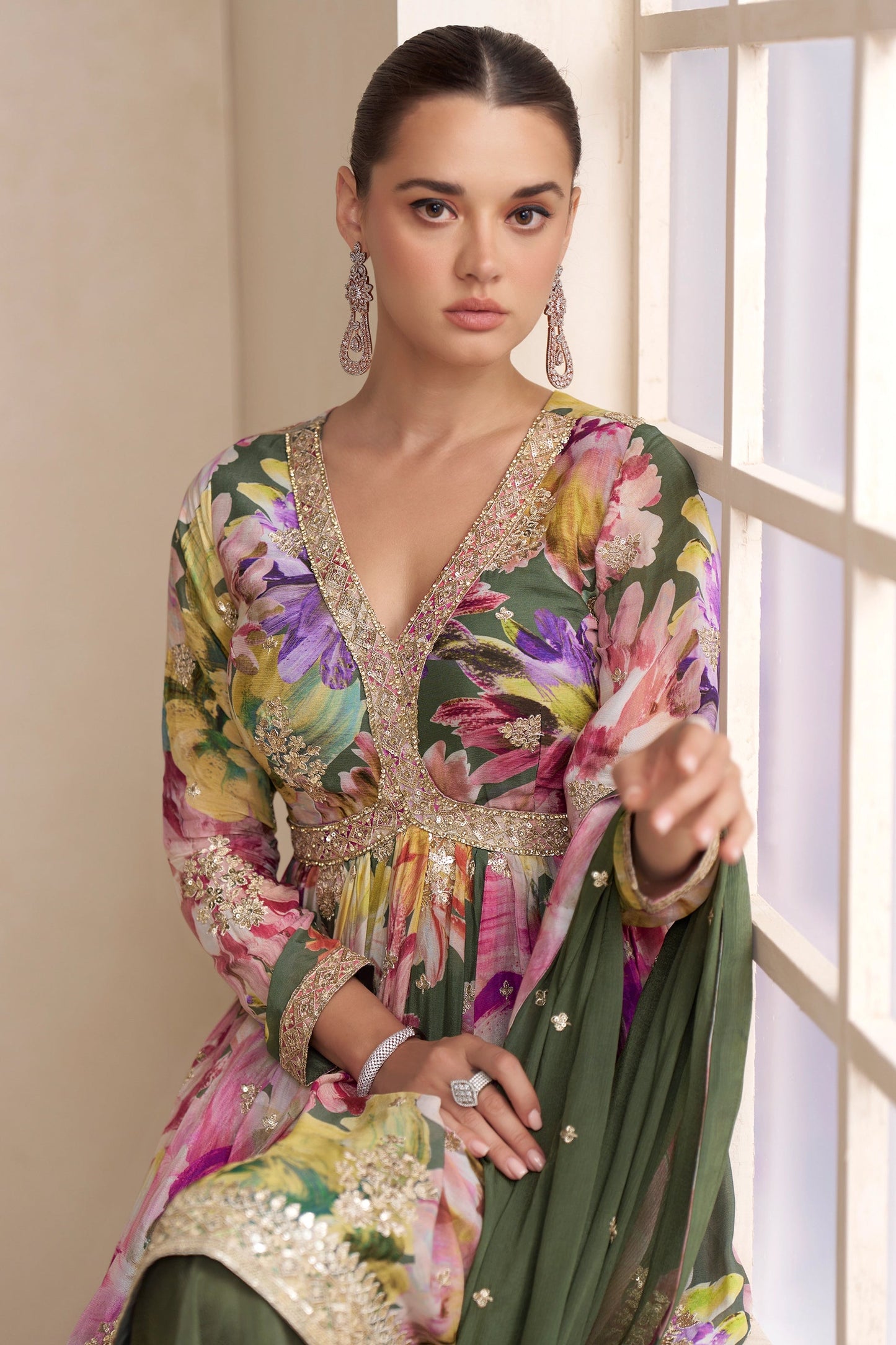 Green Readymade Chinon A-line Suit-SAR10641_3_SareeButa.com