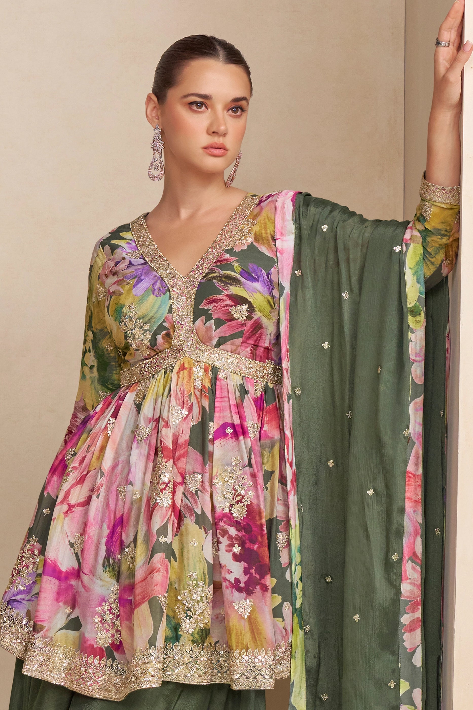 Green Readymade Chinon A-line Suit-SAR10641_5_SareeButa.com