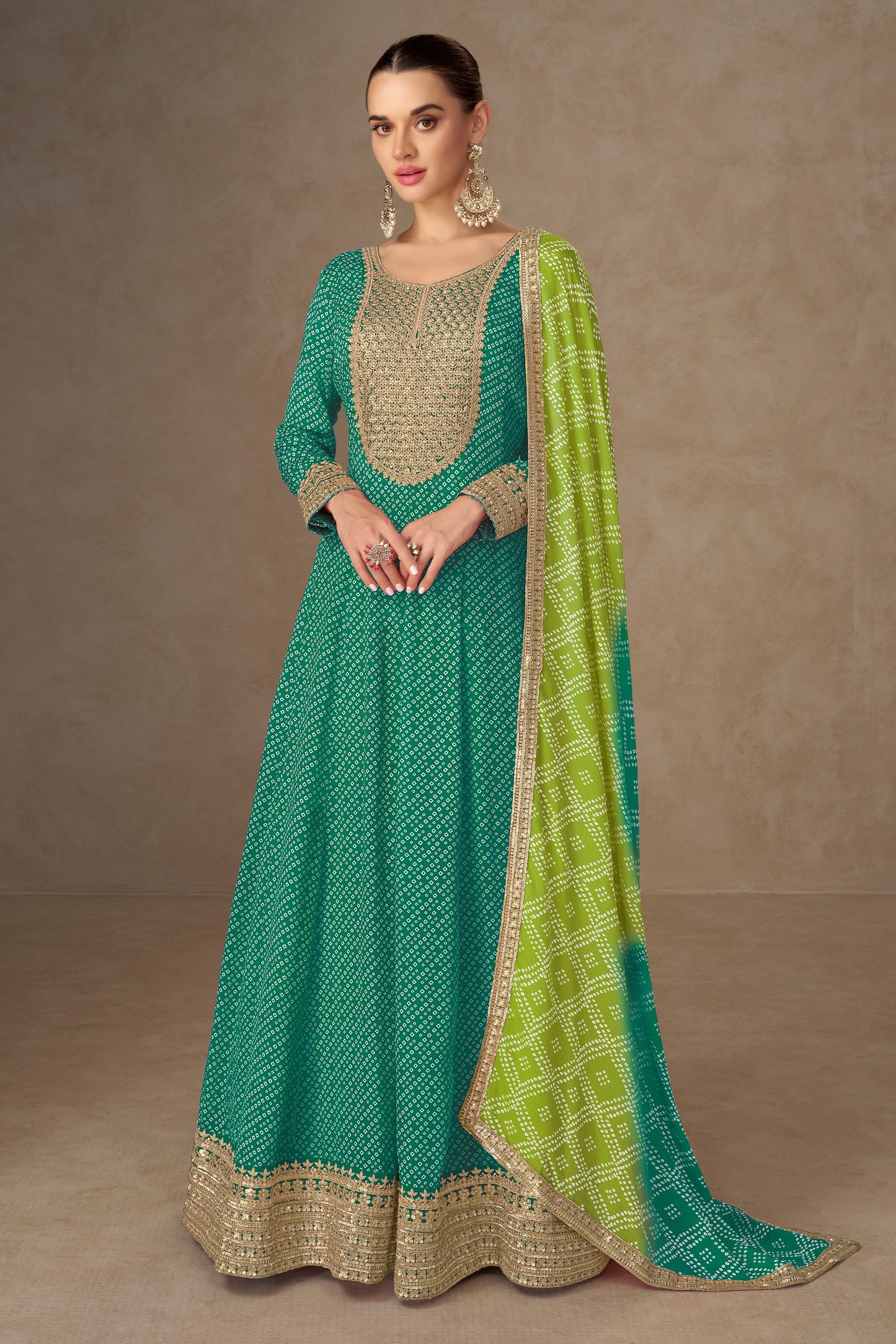 Green Readymade Chinon Gown With Dupatta-SAR10659_1_SareeButa.com