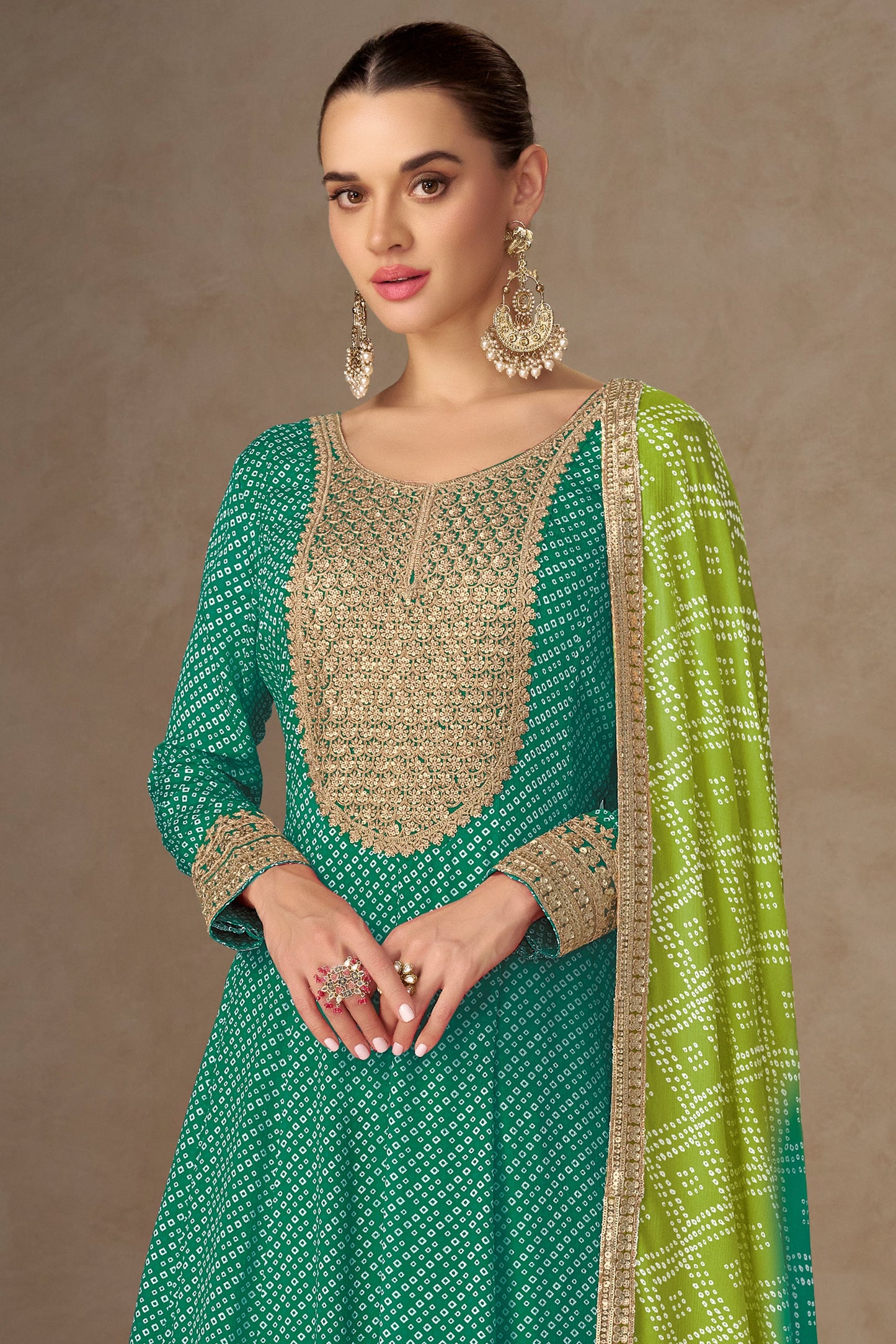 Green Readymade Chinon Gown With Dupatta-SAR10659_3_SareeButa.com