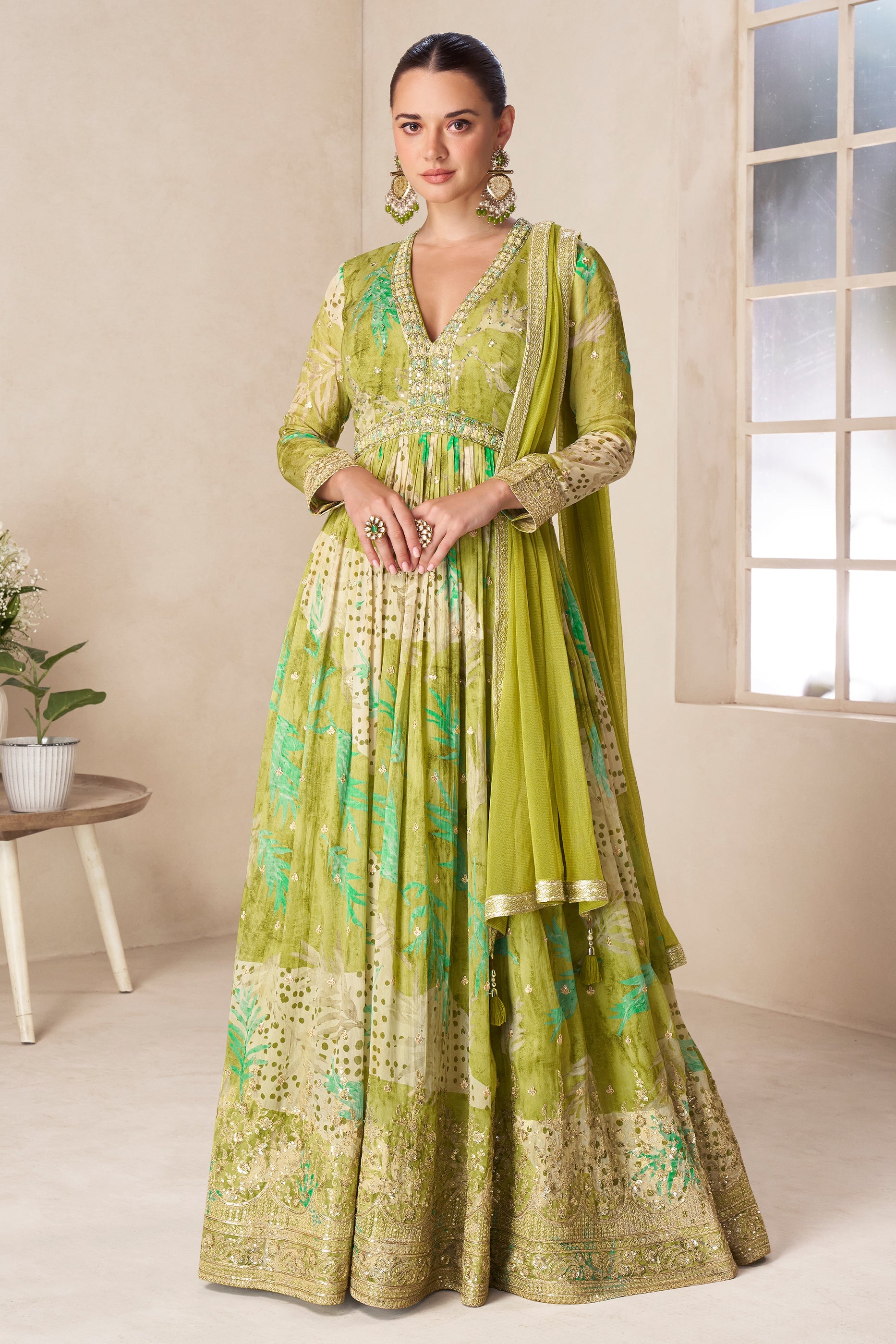 Green Readymade Chinon Gown with Dupatta-SAR11557_1_SareeButa.com