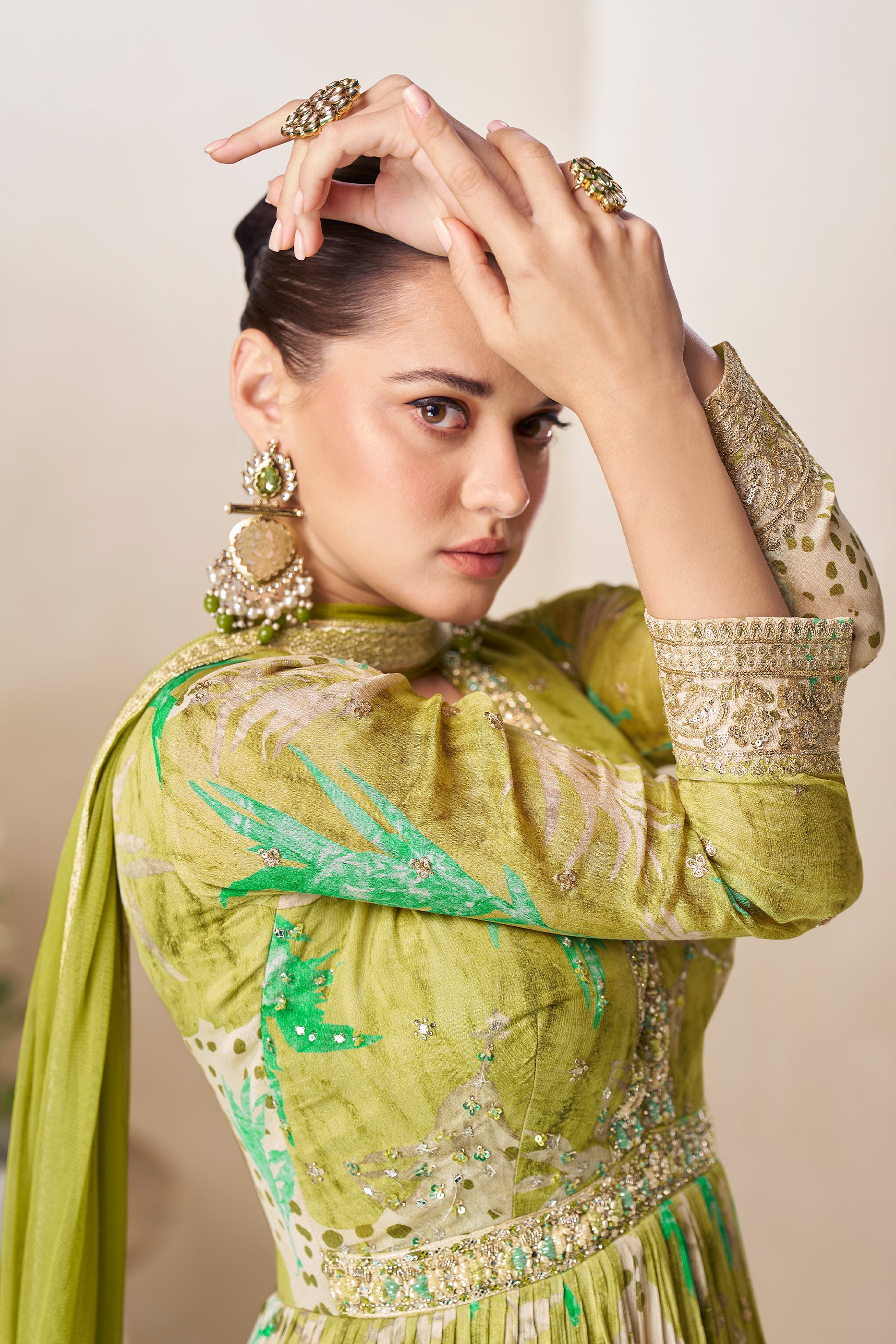 Green Readymade Chinon Gown with Dupatta-SAR11557_2_SareeButa.com