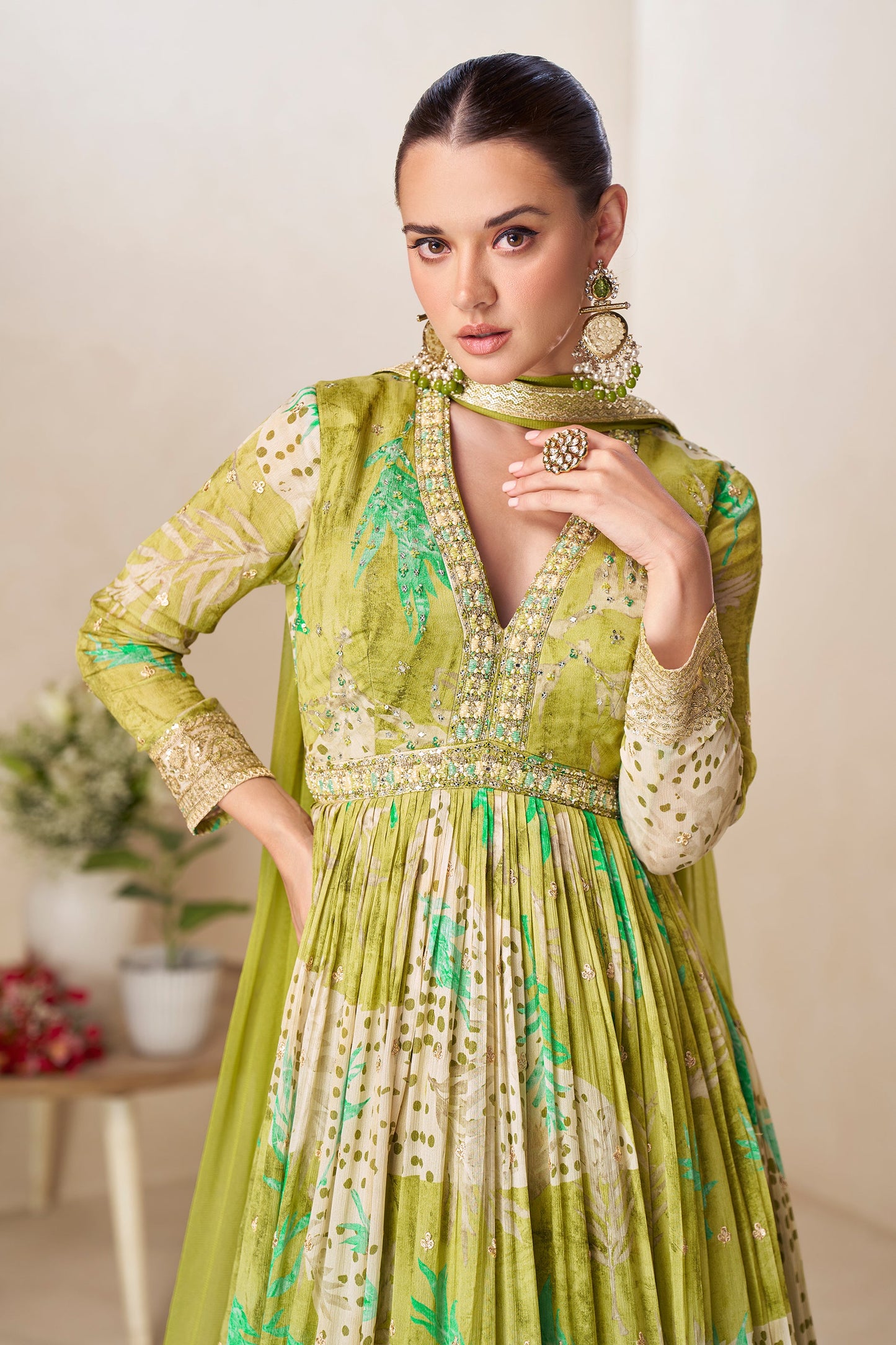 Green Readymade Chinon Gown with Dupatta-SAR11557_3_SareeButa.com