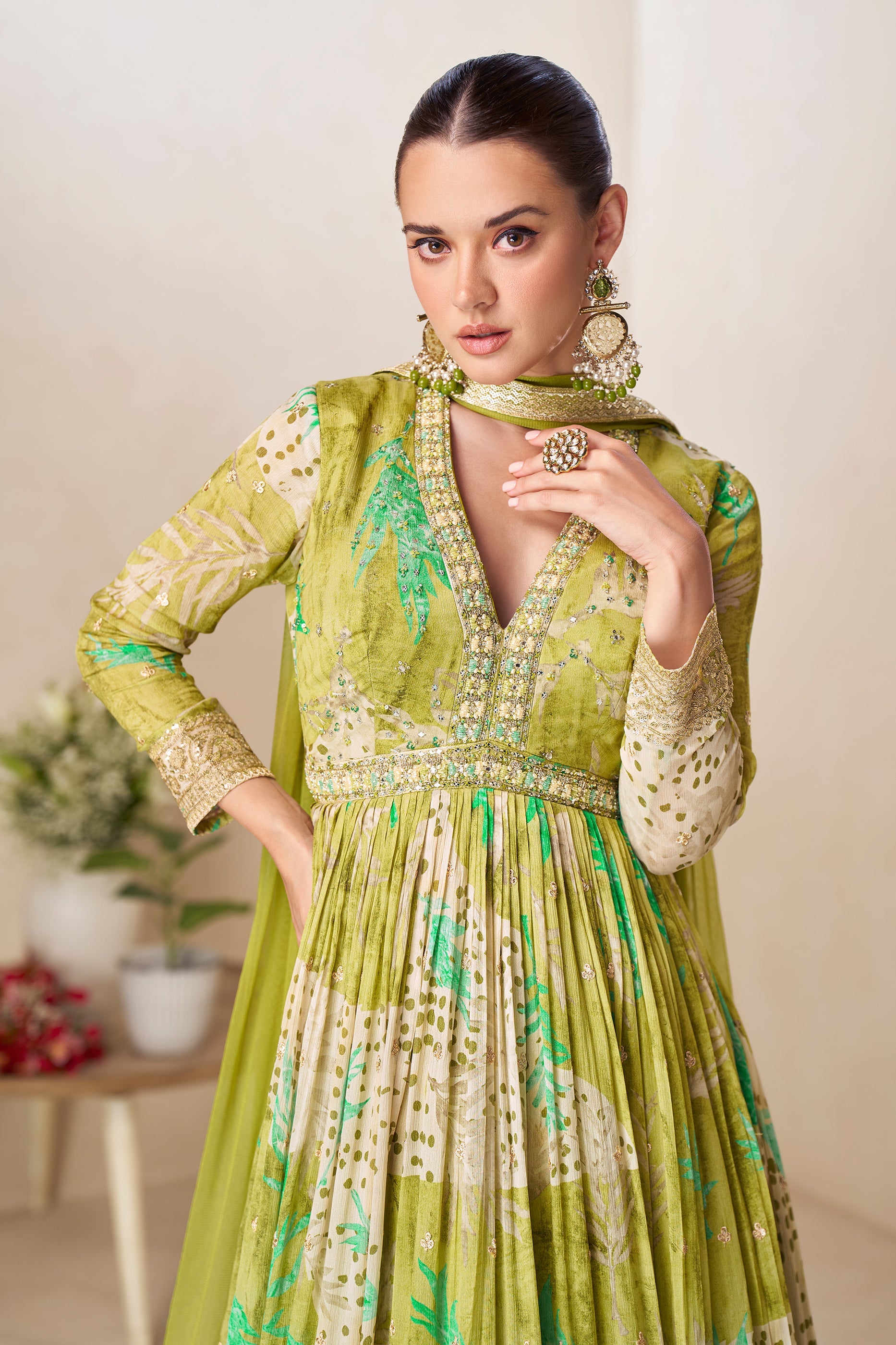 Green Readymade Chinon Gown with Dupatta-SAR11557_3_SareeButa.com