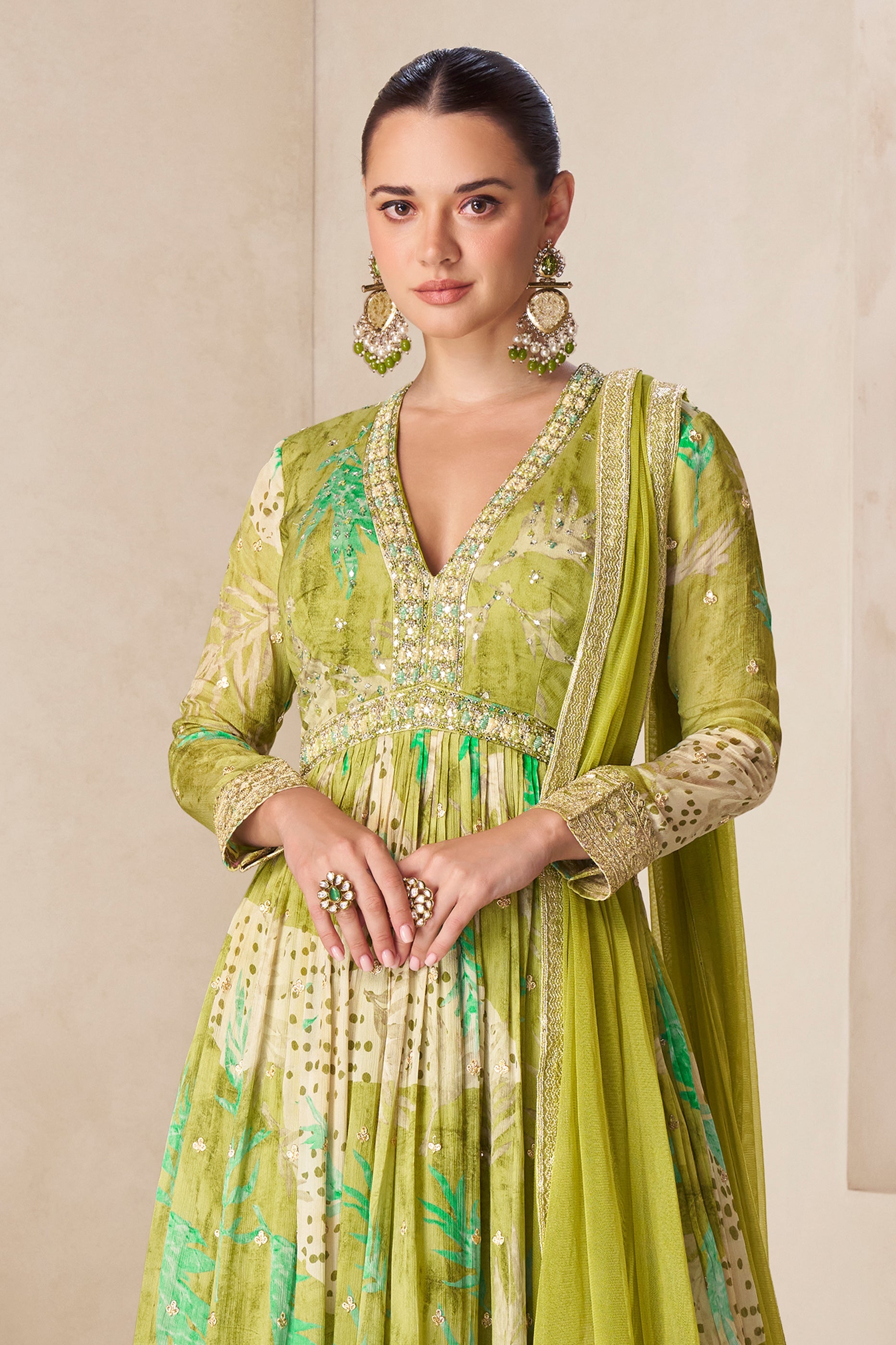 Green Readymade Chinon Gown with Dupatta-SAR11557_4_SareeButa.com