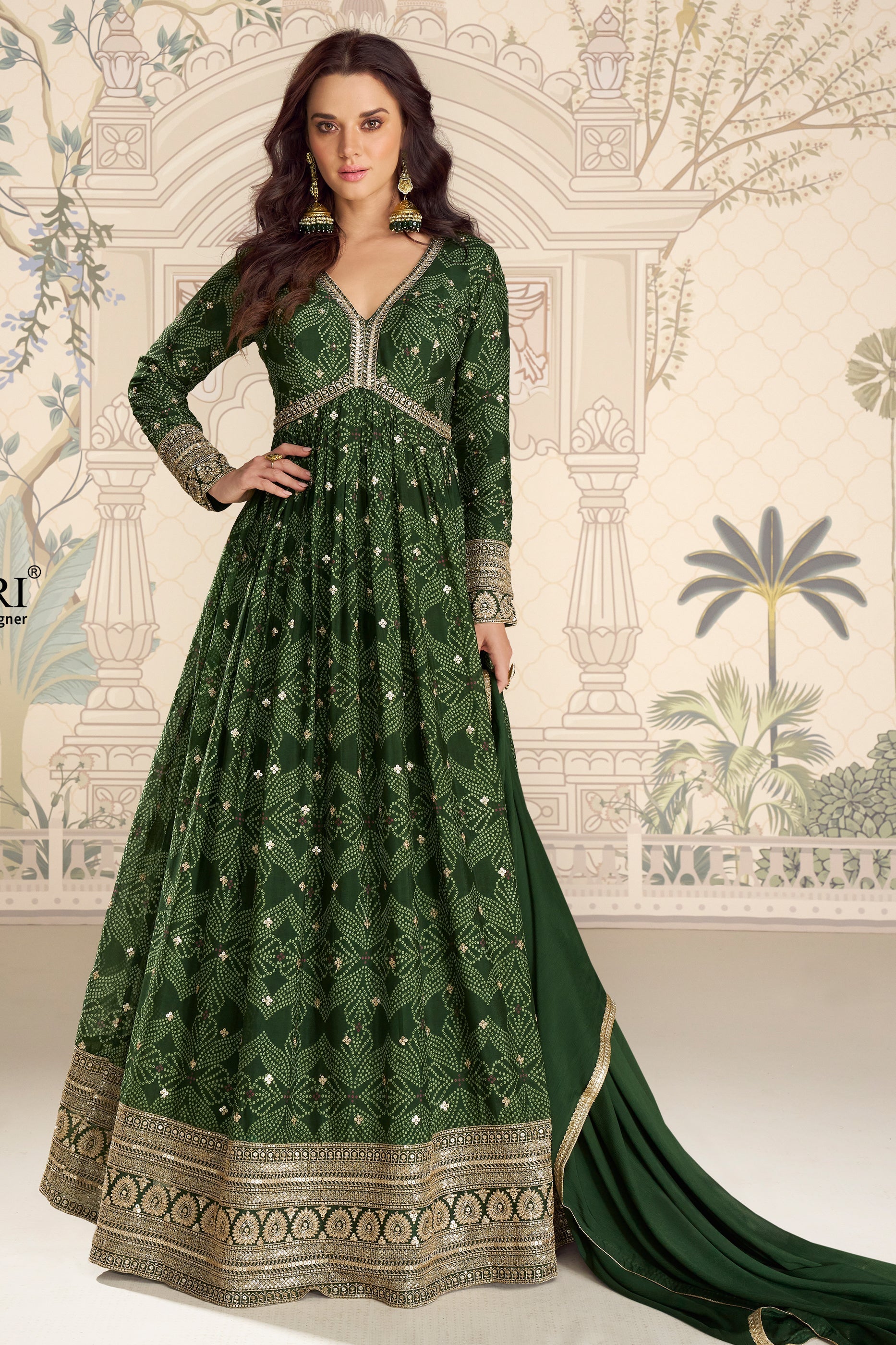 Green Readymade Chinon Gown with Dupatta-SAR11563_1_SareeButa.com