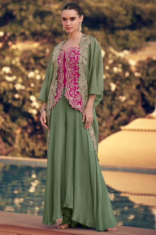 Green Readymade Chinon Palazzo Set with Shrug-SS802_1_SareeButa.com
