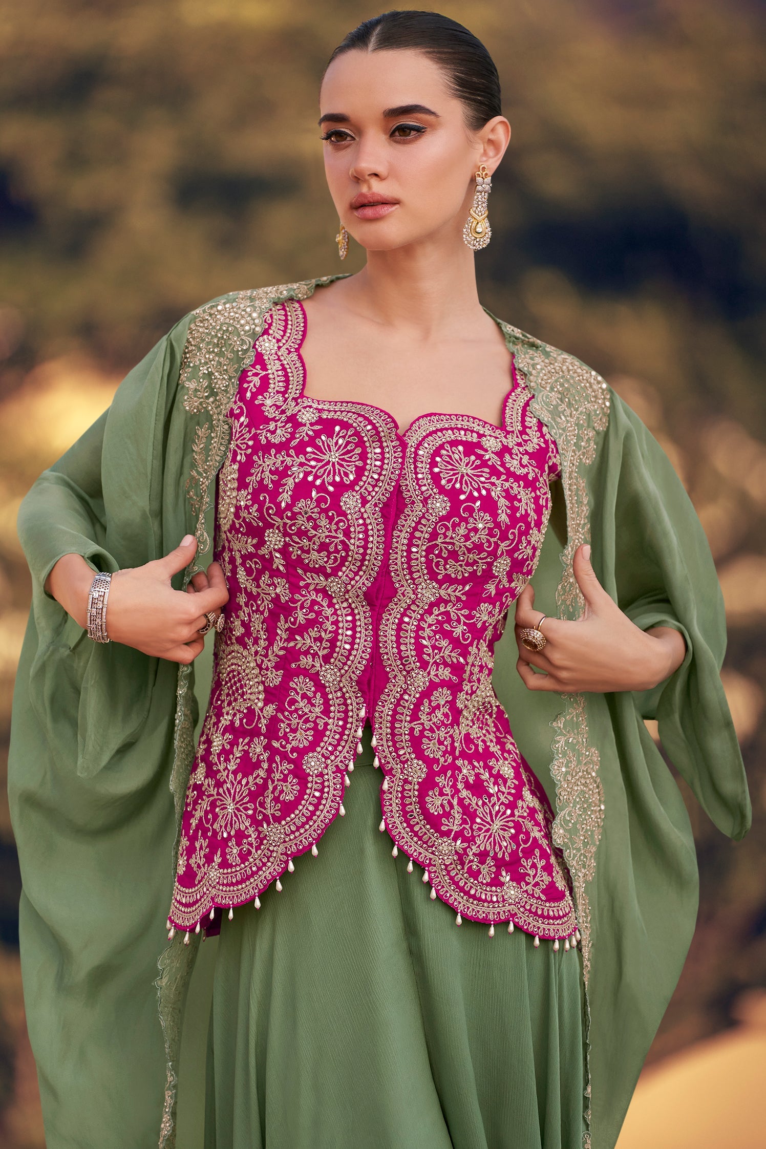 Green Readymade Chinon Palazzo Set with Shrug-SS802_2_SareeButa.com