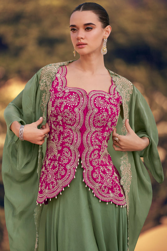 Green Readymade Chinon Palazzo Set with Shrug-SS802_2_SareeButa.com