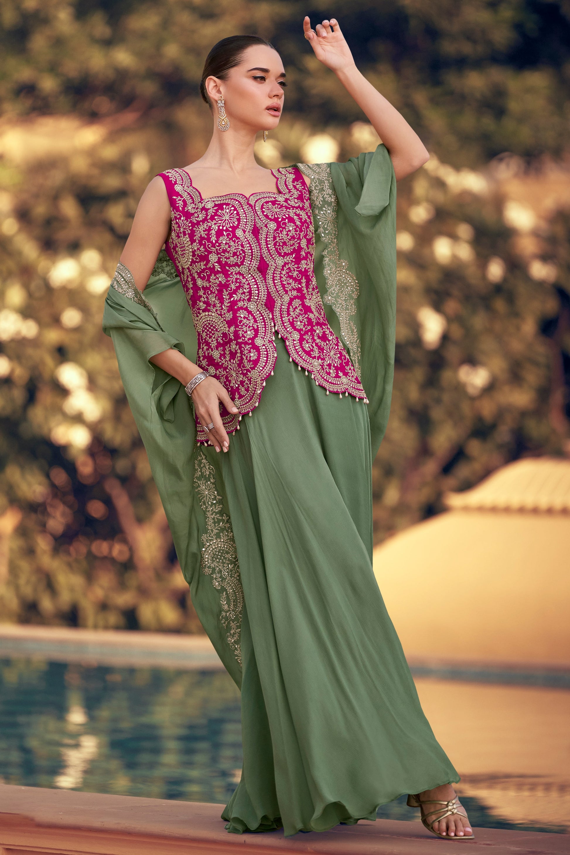 Green Readymade Chinon Palazzo Set with Shrug-SS802_3_SareeButa.com