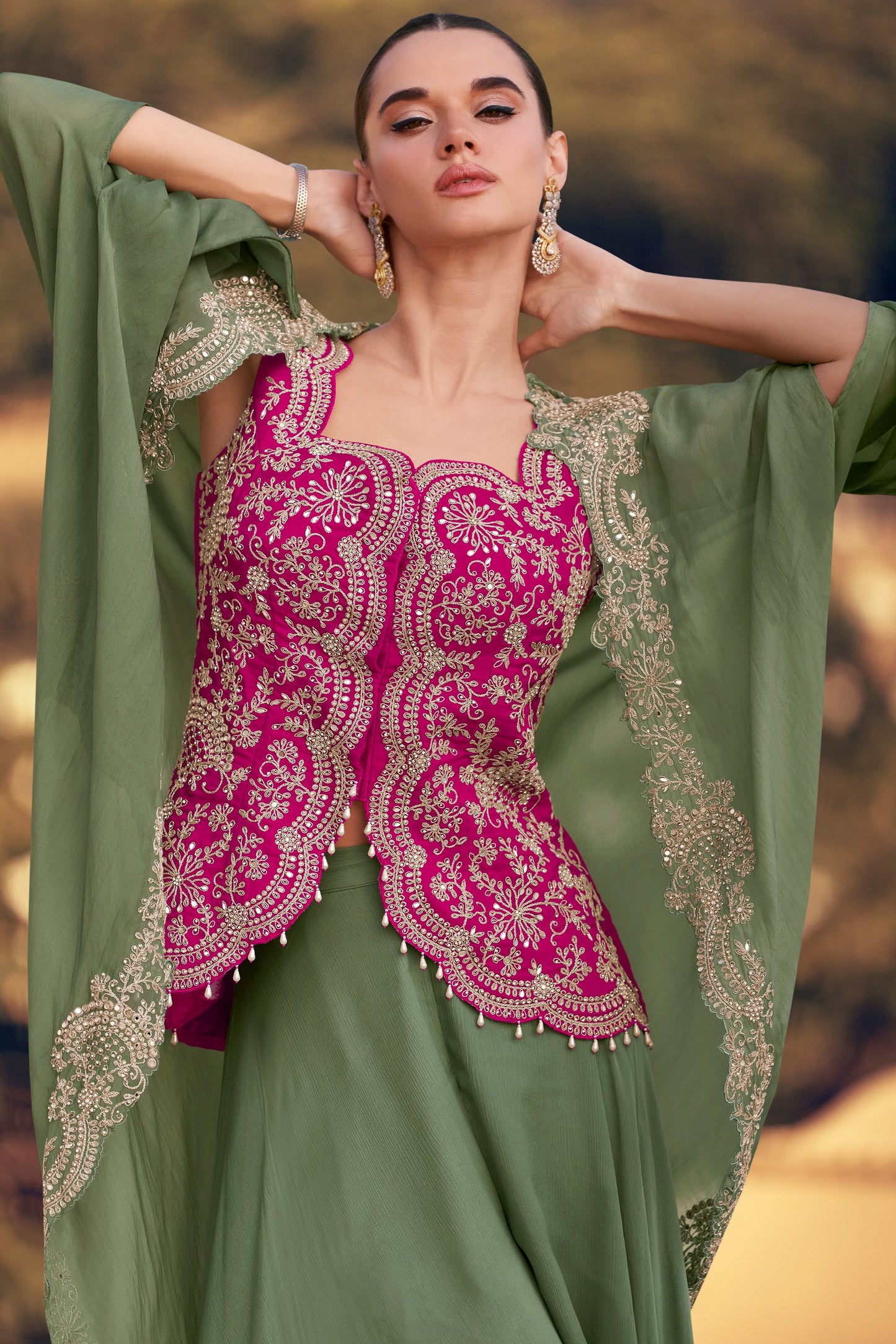 Green Readymade Chinon Palazzo Set with Shrug-SS802_4_SareeButa.com