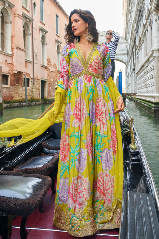 Lime Green Readymade Chinon Silk Gown with Dupatta-SAR10489_1_SareeButa.com