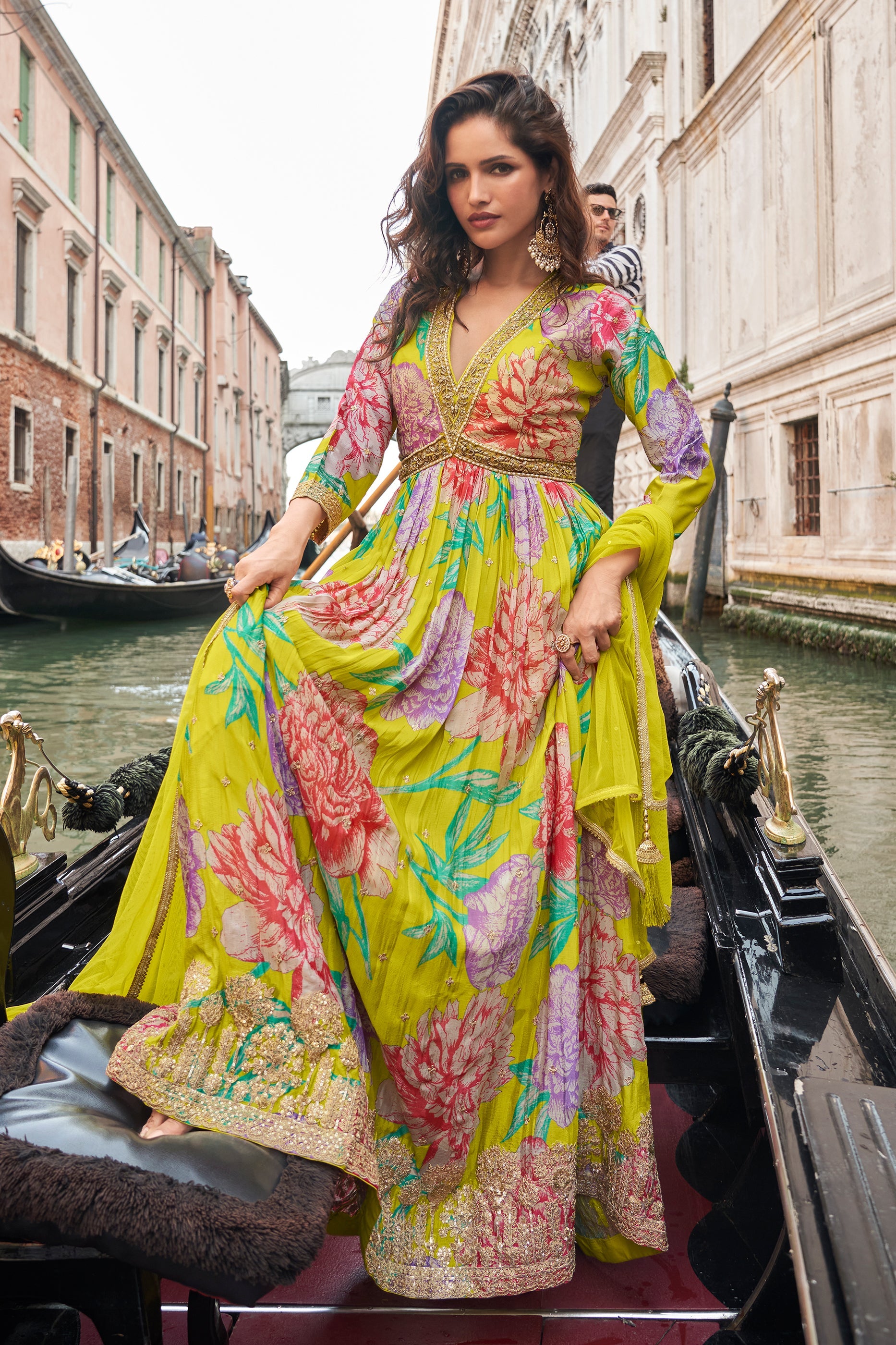 Lime Green Readymade Chinon Silk Gown with Dupatta-SAR10489_4_SareeButa.com