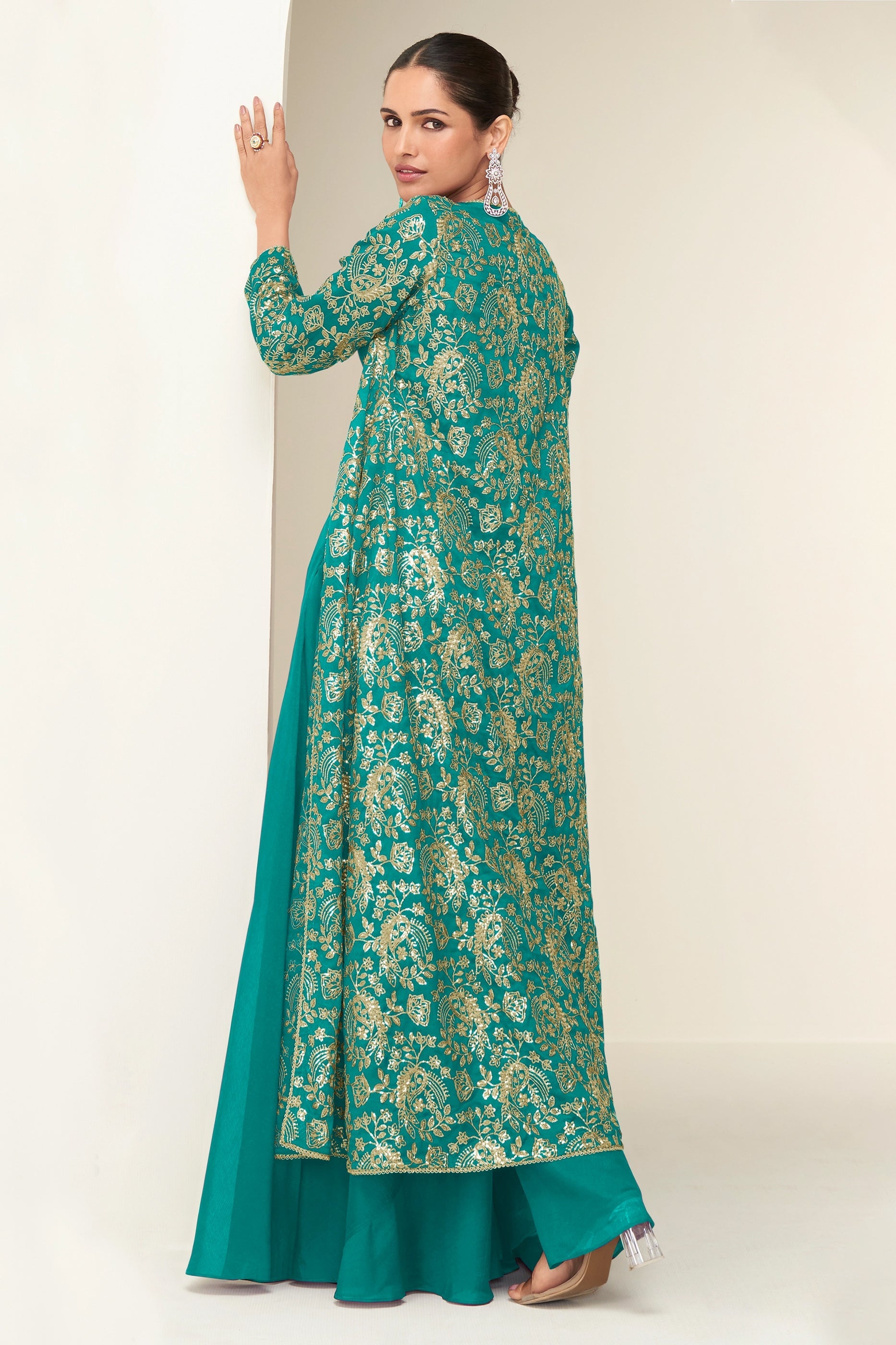 Green Readymade Chinon Silk Palazzo Set-SAR10518_3_SareeButa.com