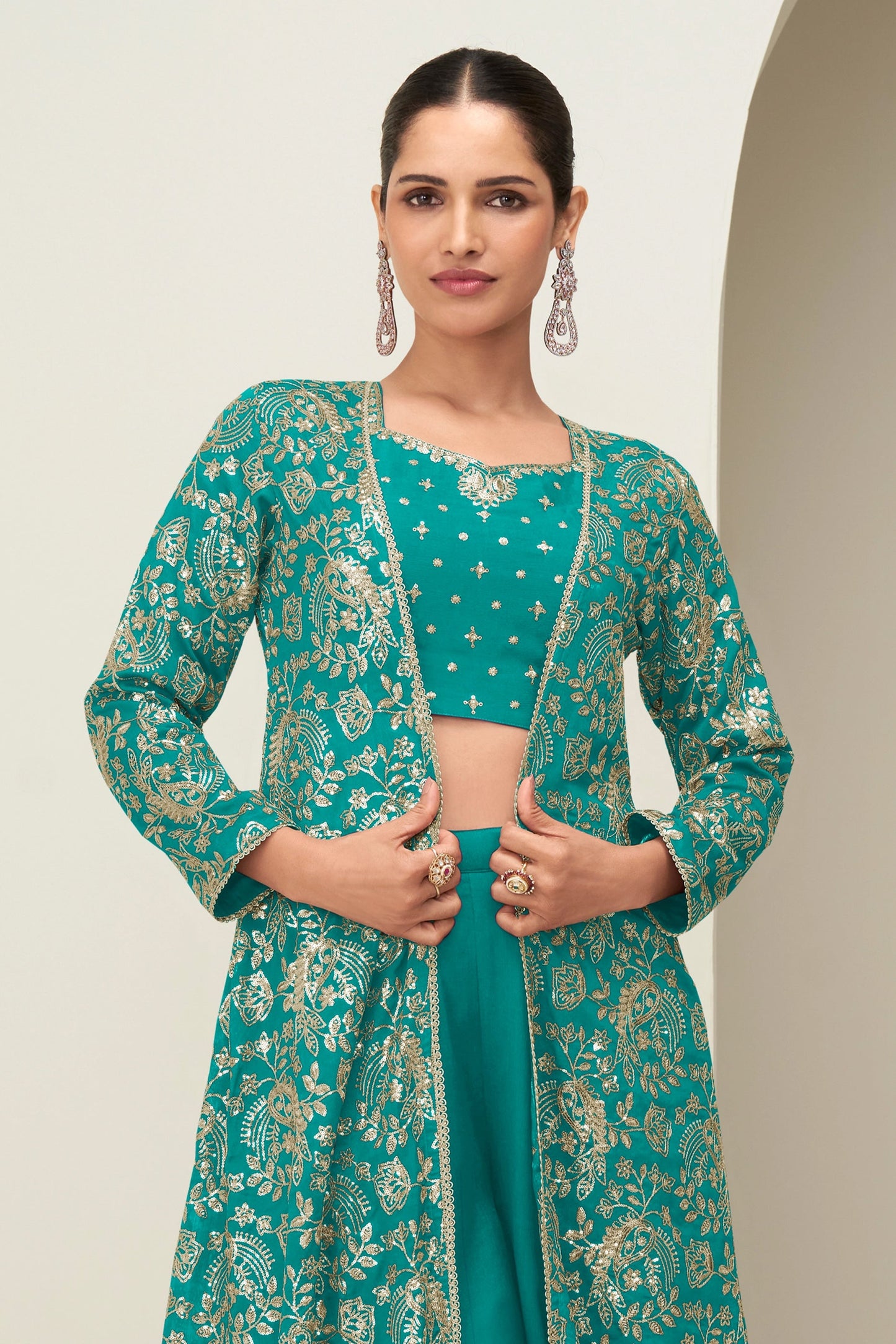Green Readymade Chinon Silk Palazzo Set-SAR10518_4_SareeButa.com